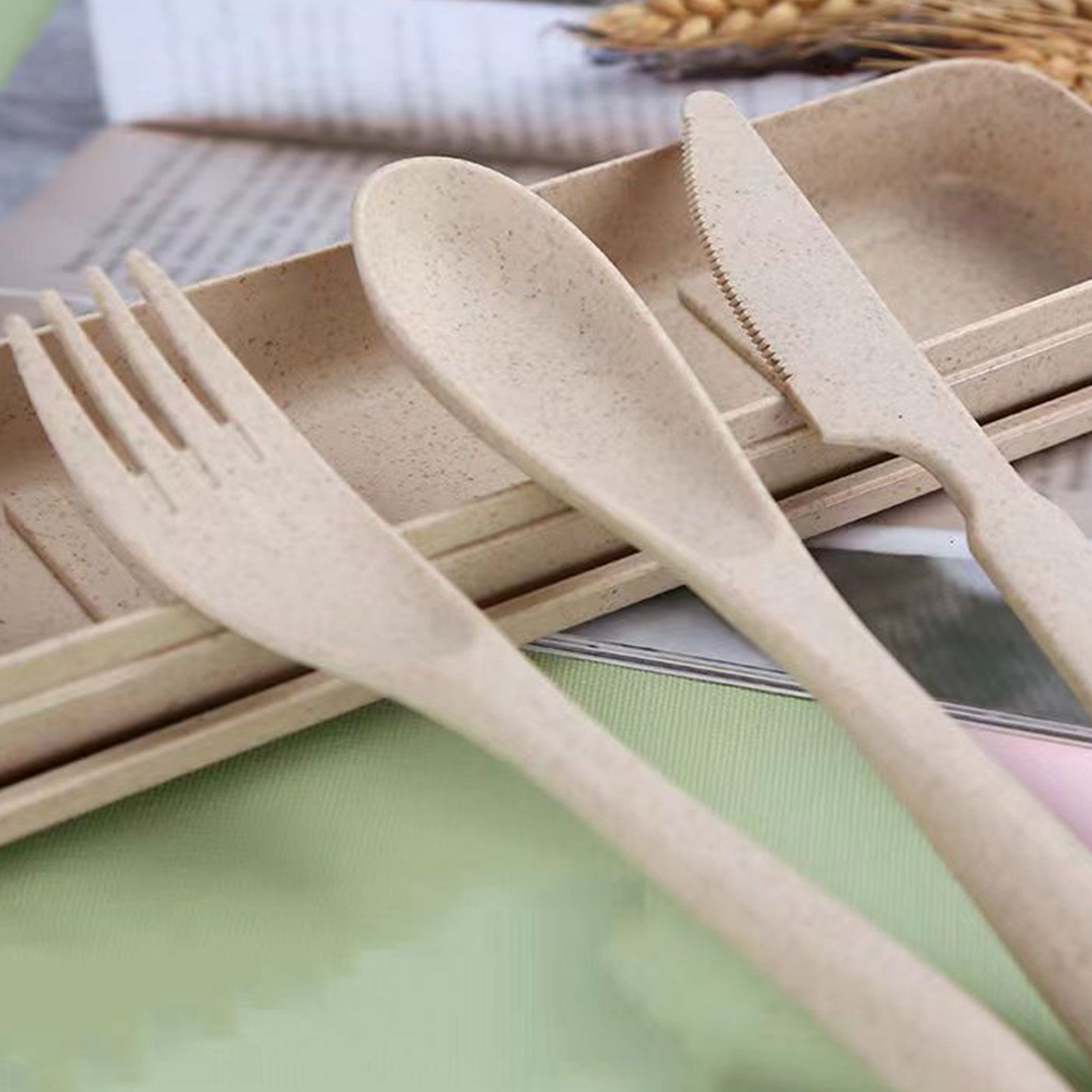 Wheat Straw Cutlery Set Modern Portable Fork Spoon Knife Tableware with Box for Office School Picnic Beige - Image 5