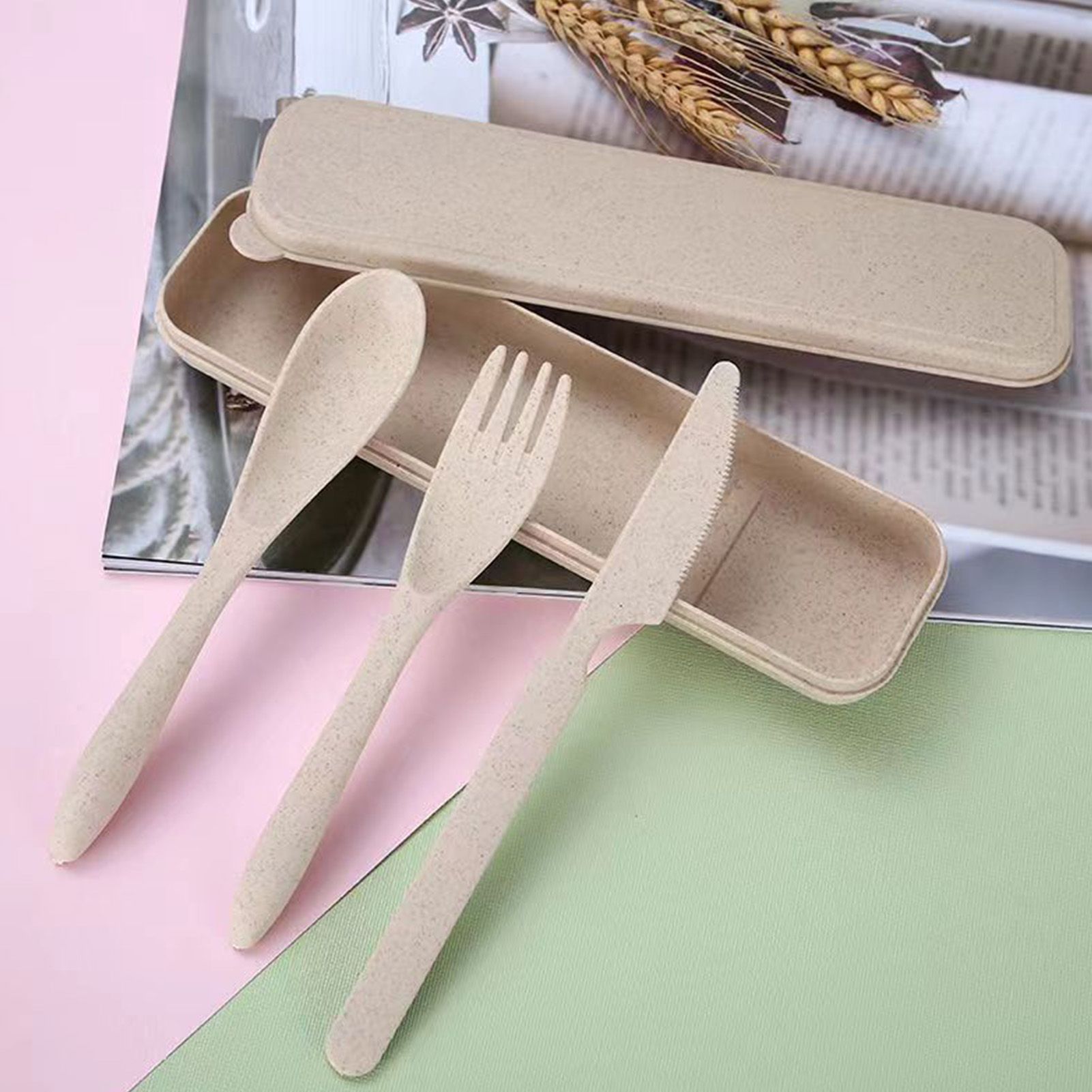 Wheat Straw Cutlery Set Modern Portable Fork Spoon Knife Tableware with Box for Office School Picnic Beige - Image 6