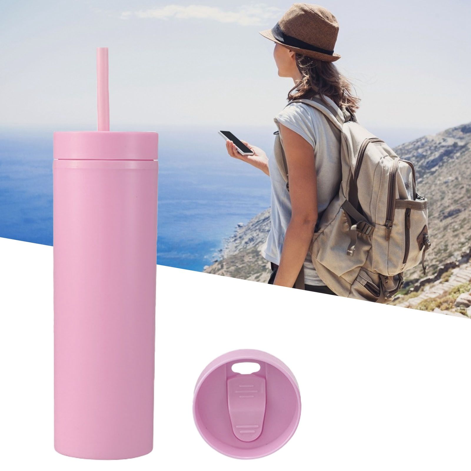 16oz Plastic Tumblers with Lids and Straws Frosting Matte Plastic Drinking Cups for Outdoor Sports 1767 Pink - Image 6