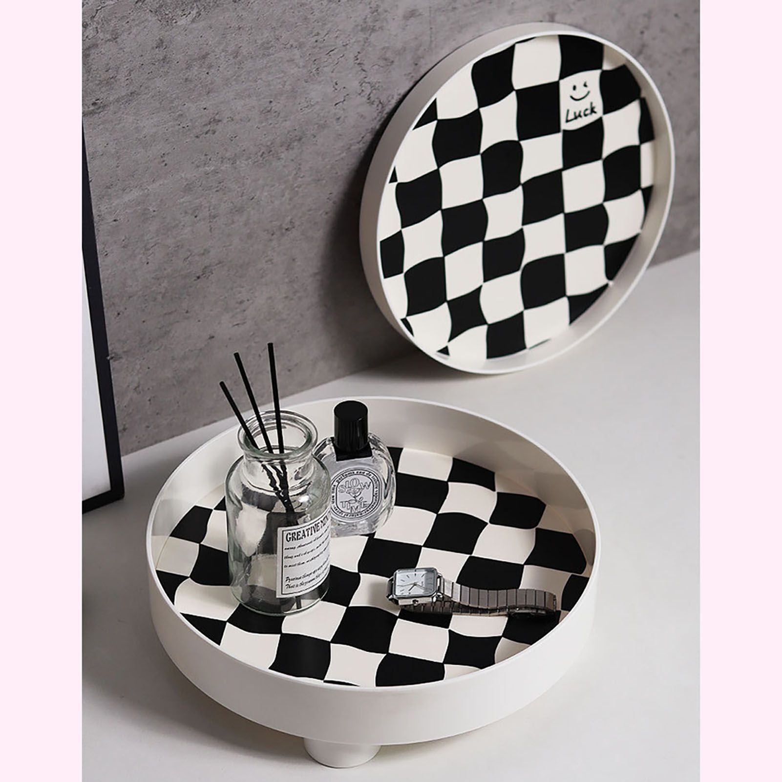 Round Storage Organizer Tray Checkerboard Design Plate Container Tray for Fruit Perfume Jewelry White, Large - Image 7