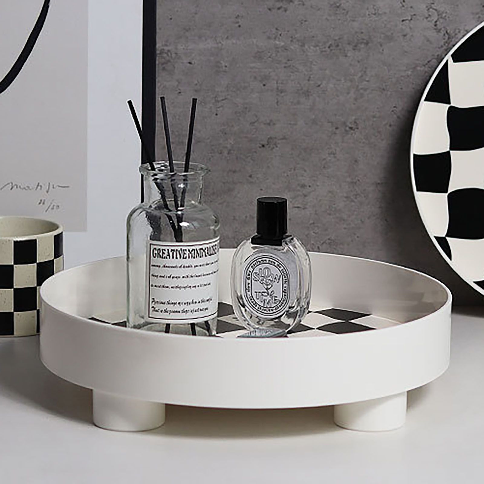 Round Storage Organizer Tray Checkerboard Design Plate Container Tray for Fruit Perfume Jewelry White, Small - Image 5