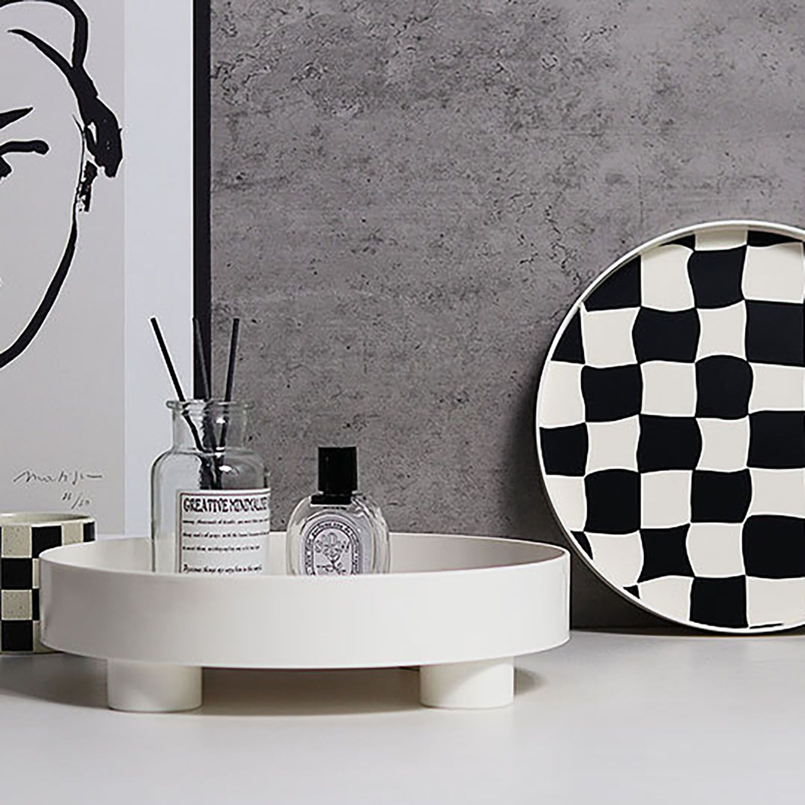 Round Storage Organizer Tray Checkerboard Design Plate Container Tray for Fruit Perfume Jewelry White, Small - Image 6