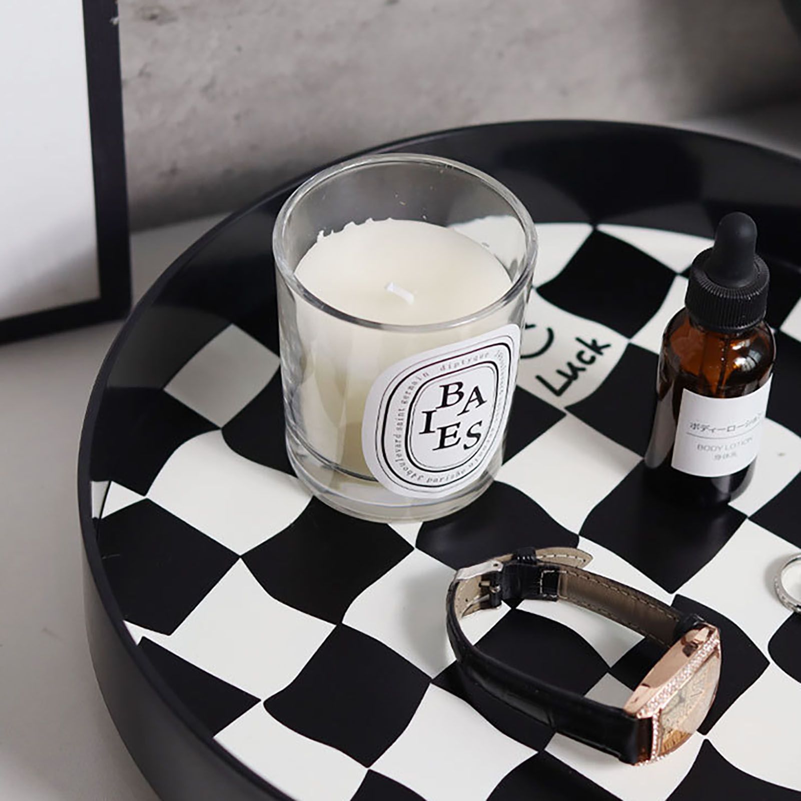 Round Storage Organizer Tray Checkerboard Design Plate Container Tray for Fruit Perfume Jewelry Black, Large - Image 8