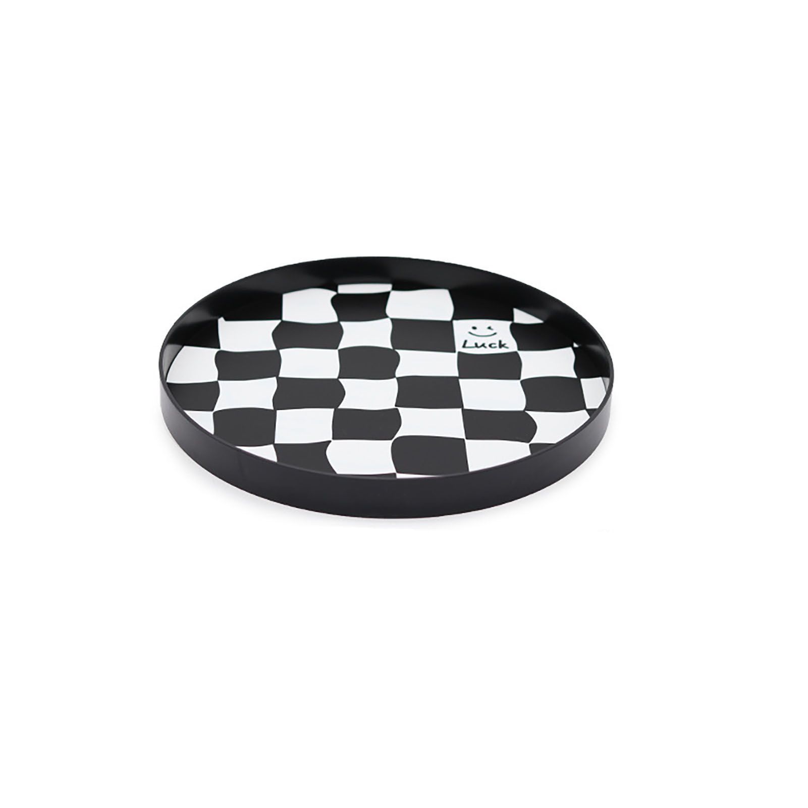 Round Storage Organizer Tray Checkerboard Design Plate Container Tray for Fruit Perfume Jewelry Black, Small - Image 1