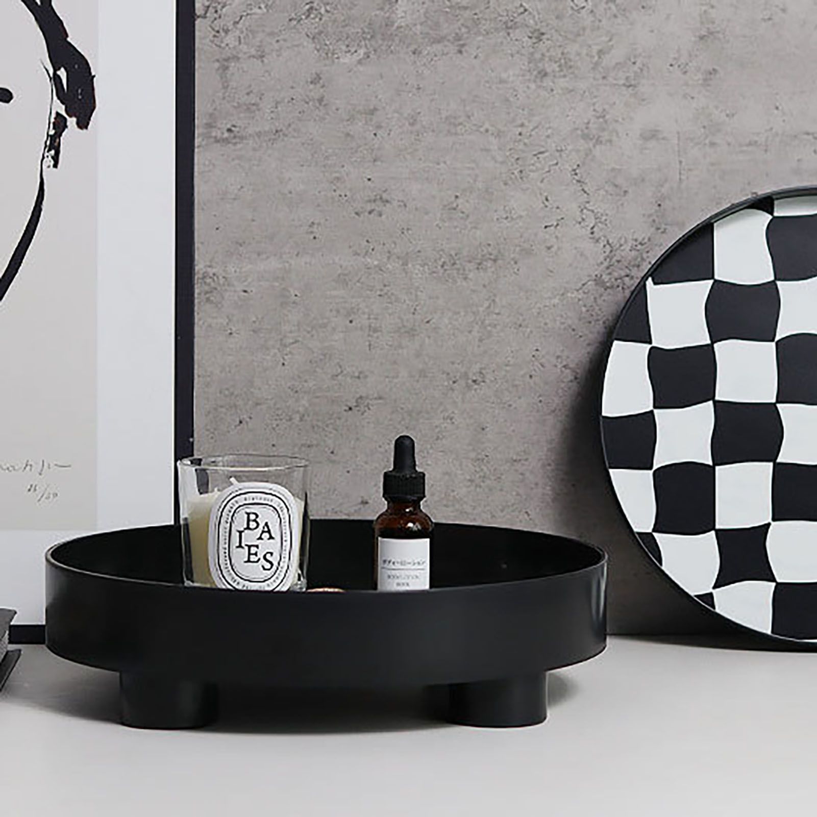 Round Storage Organizer Tray Checkerboard Design Plate Container Tray for Fruit Perfume Jewelry Black, Small - Image 6