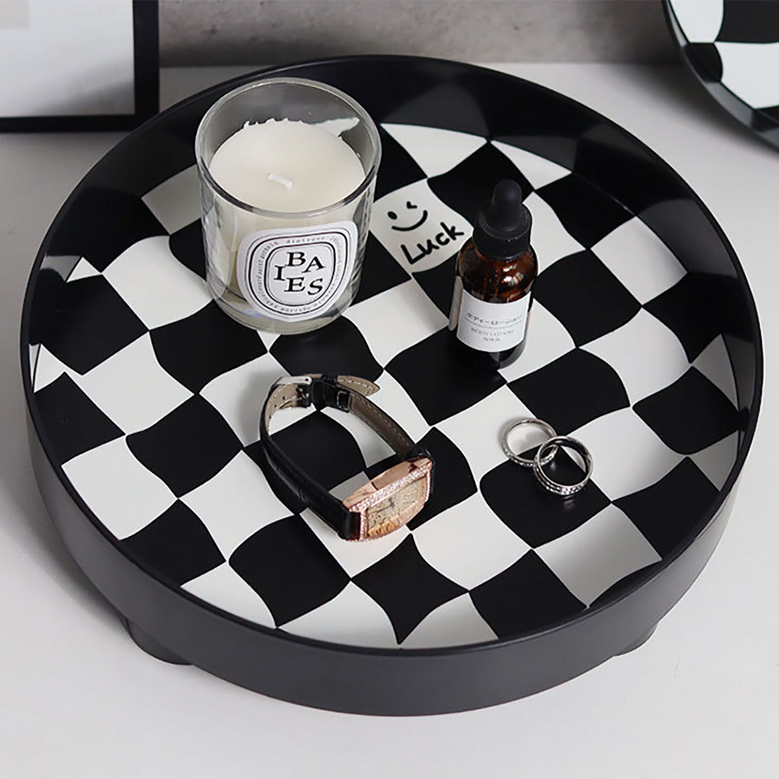 Round Storage Organizer Tray Checkerboard Design Plate Container Tray for Fruit Perfume Jewelry Black, Small - Image 7