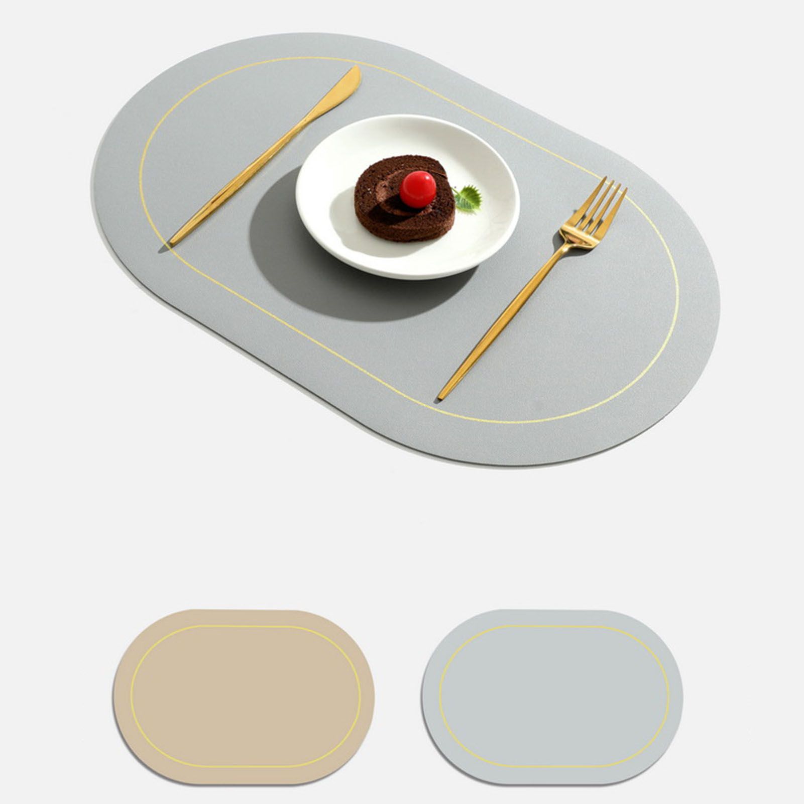2Pcs Leather Oval Dining Food Mat Oil Proof Insulation Restaurant Table Home Hotel Non Slip Bowl Pad Placemat Light Gray - Image 6