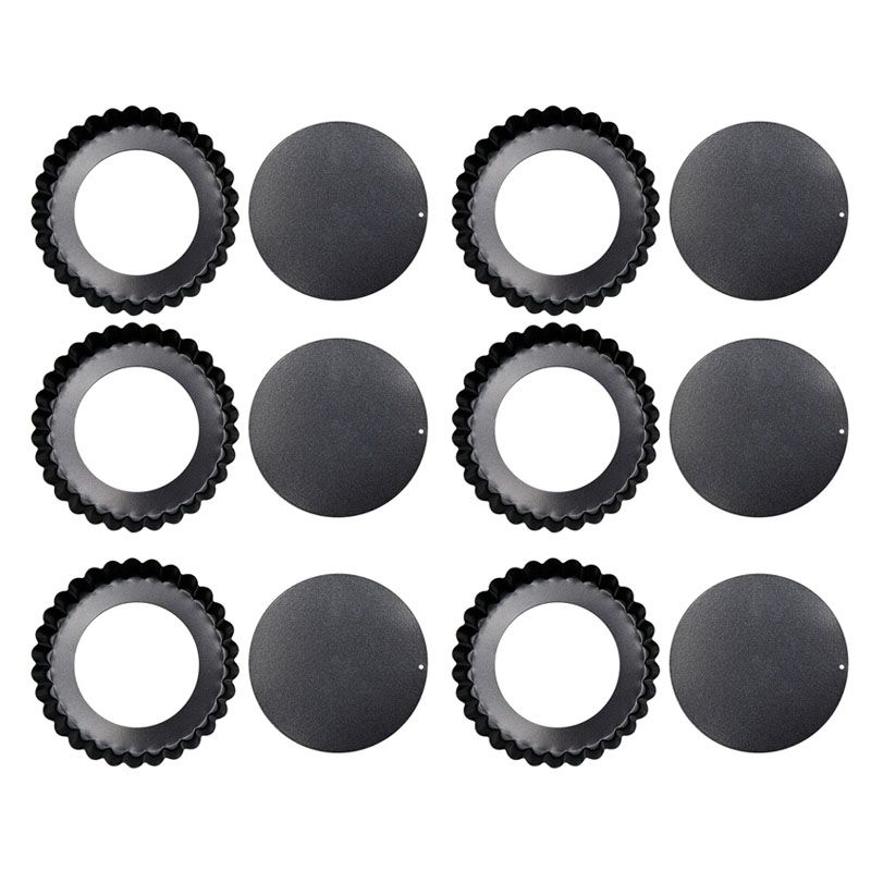 6PCS Removable Bottom Tart Pan Non Stick Coating Carbon Steel Black Quiche Pan for Kitchen - Image 1