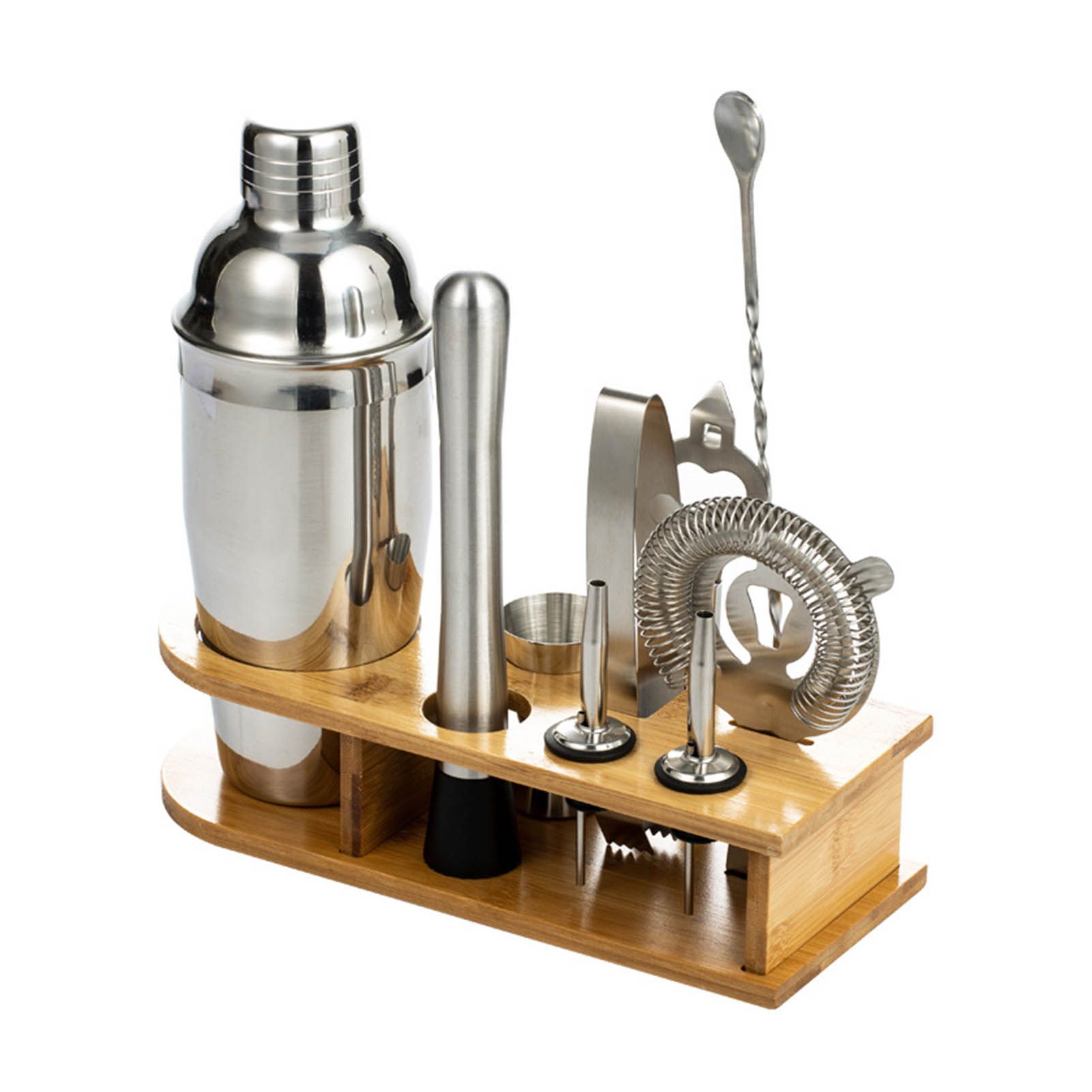 10PCS Home Bartending Kit Stainless Steel with Bamboo Tray Cocktail Mixing Tool Set for DIY Novice 550ML - Image 1