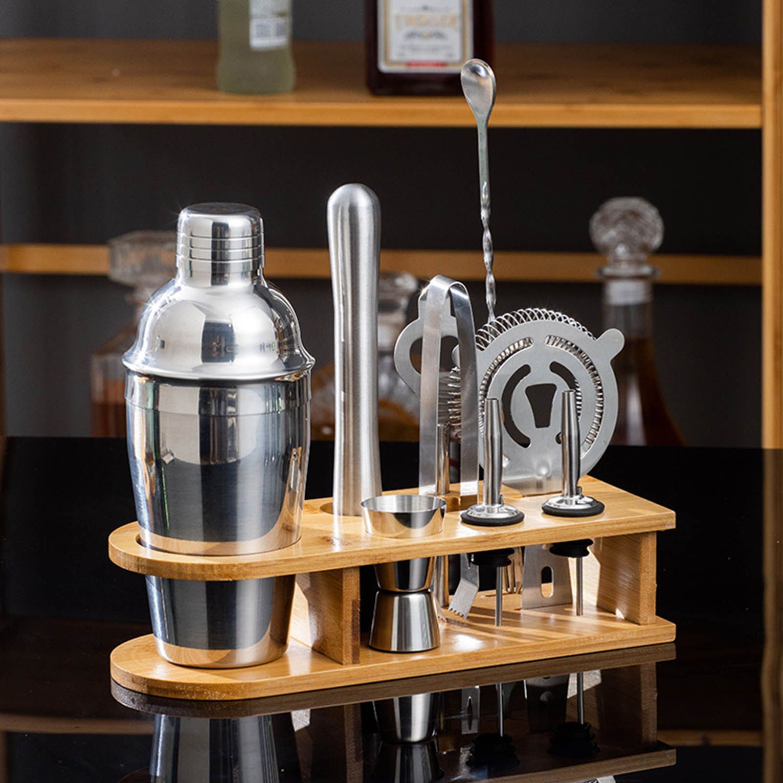 10PCS Home Bartending Kit Stainless Steel with Bamboo Tray Cocktail Mixing Tool Set for DIY Novice 550ML - Image 5