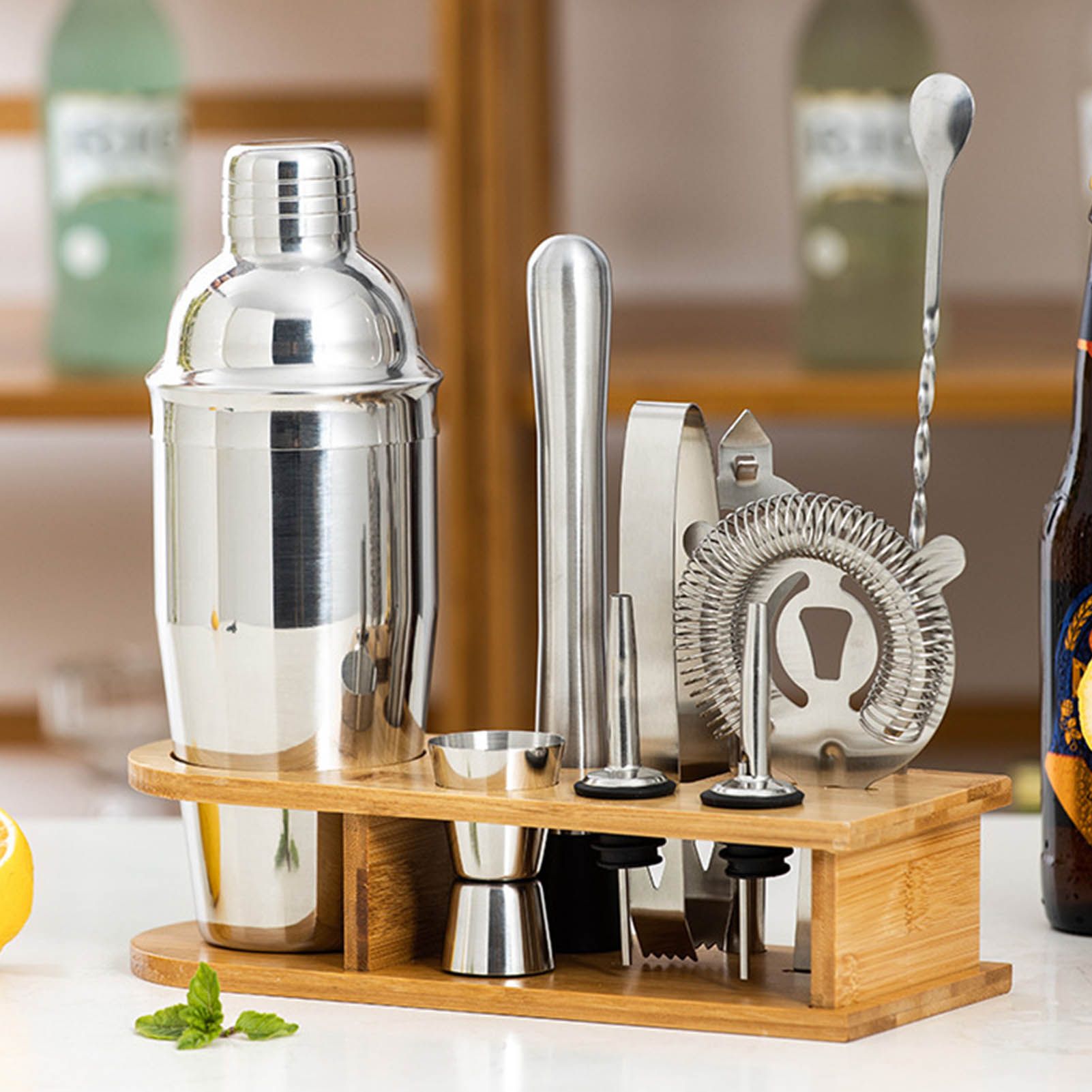 10PCS Home Bartending Kit Stainless Steel with Bamboo Tray Cocktail Mixing Tool Set for DIY Novice 550ML - Image 6