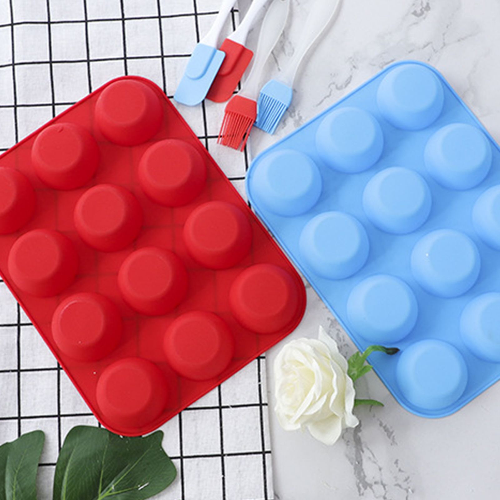 12 Cupcake Pan Soft Silicone Round Shape Easy Release Muffin Pan for Cupcake Muffin Gelatin Soap Candle Blue - Image 6