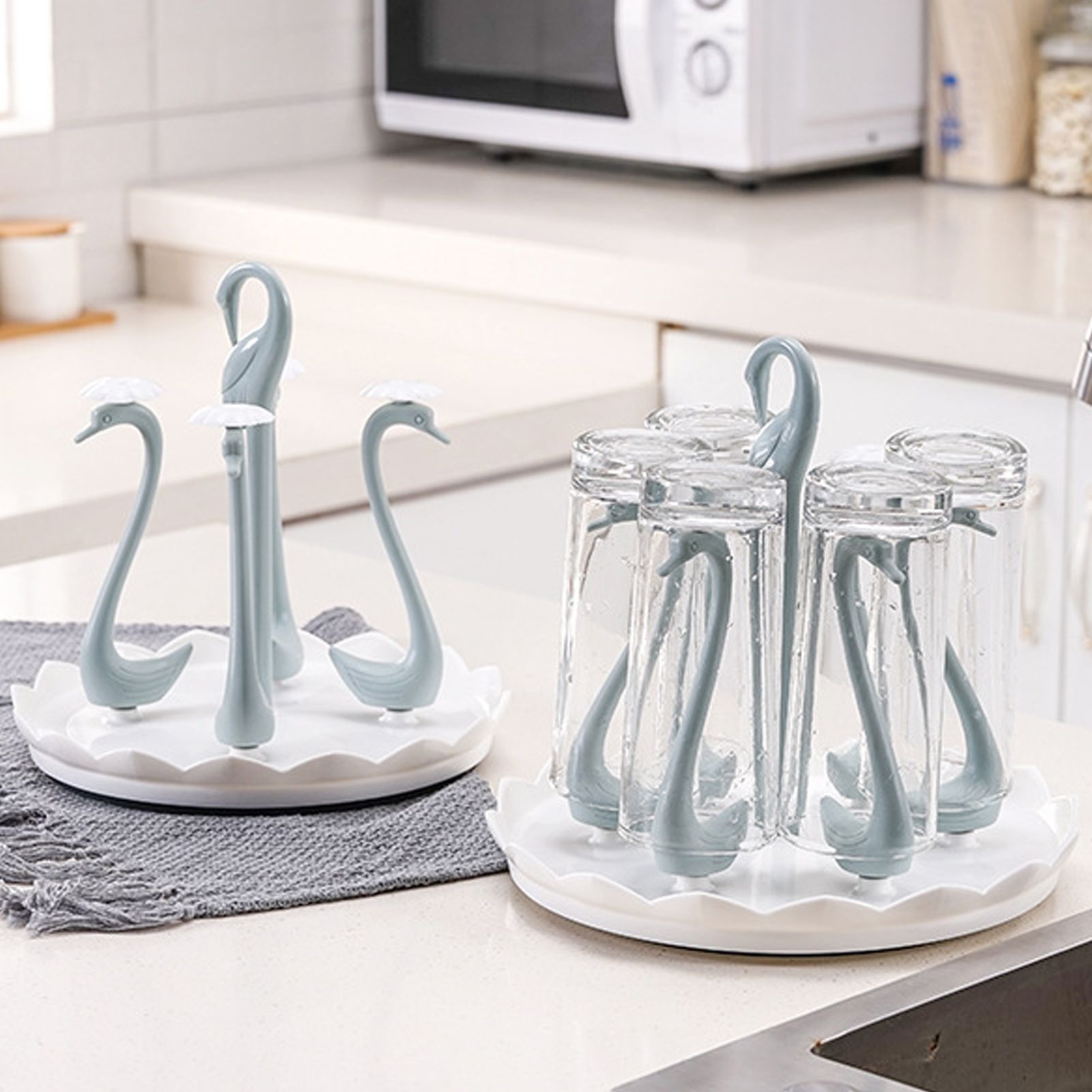Swan Cup Holder with Rotating Drip Tray Plastic Rotatable Drinking Cup Drainer Stand Rack for Home Kitchen Blue 4 Heads - Image 5