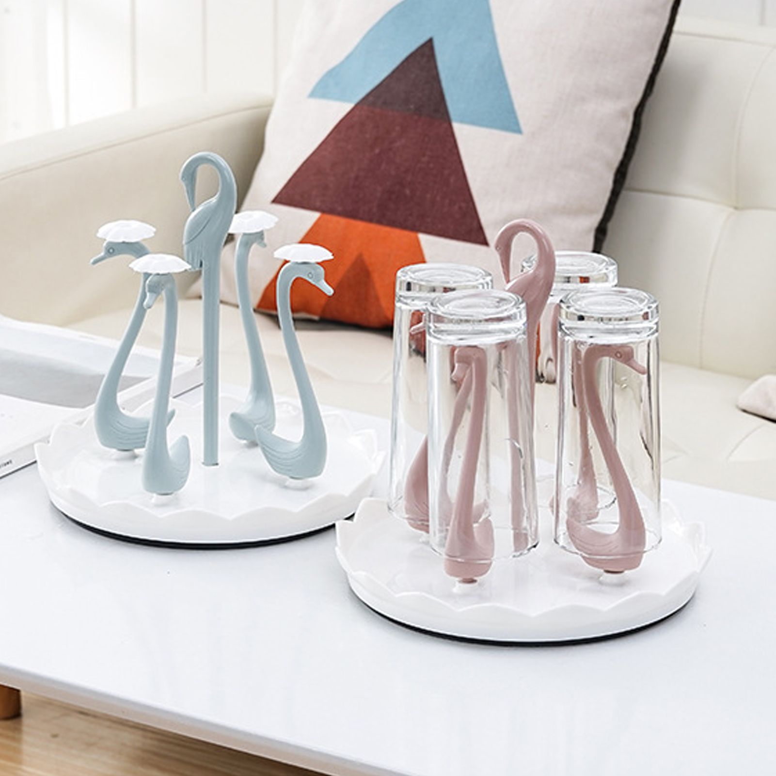 Swan Cup Holder with Rotating Drip Tray Plastic Rotatable Drinking Cup Drainer Stand Rack for Home Kitchen Blue 4 Heads - Image 6