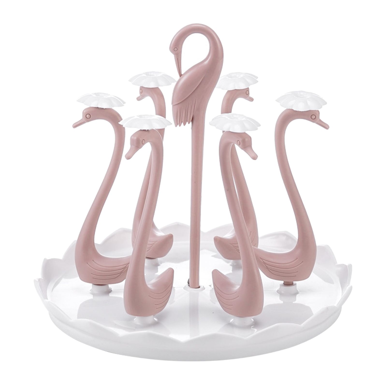 Swan Cup Holder with Rotating Drip Tray Plastic Rotatable Drinking Cup Drainer Stand Rack for Home Kitchen Pink 6 Heads - Image 1