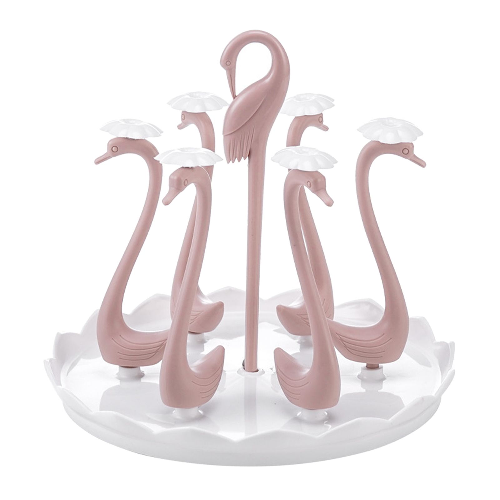 Swan Cup Holder with Rotating Drip Tray Plastic Rotatable Drinking Cup Drainer Stand Rack for Home Kitchen Pink 6 Heads - Image 2
