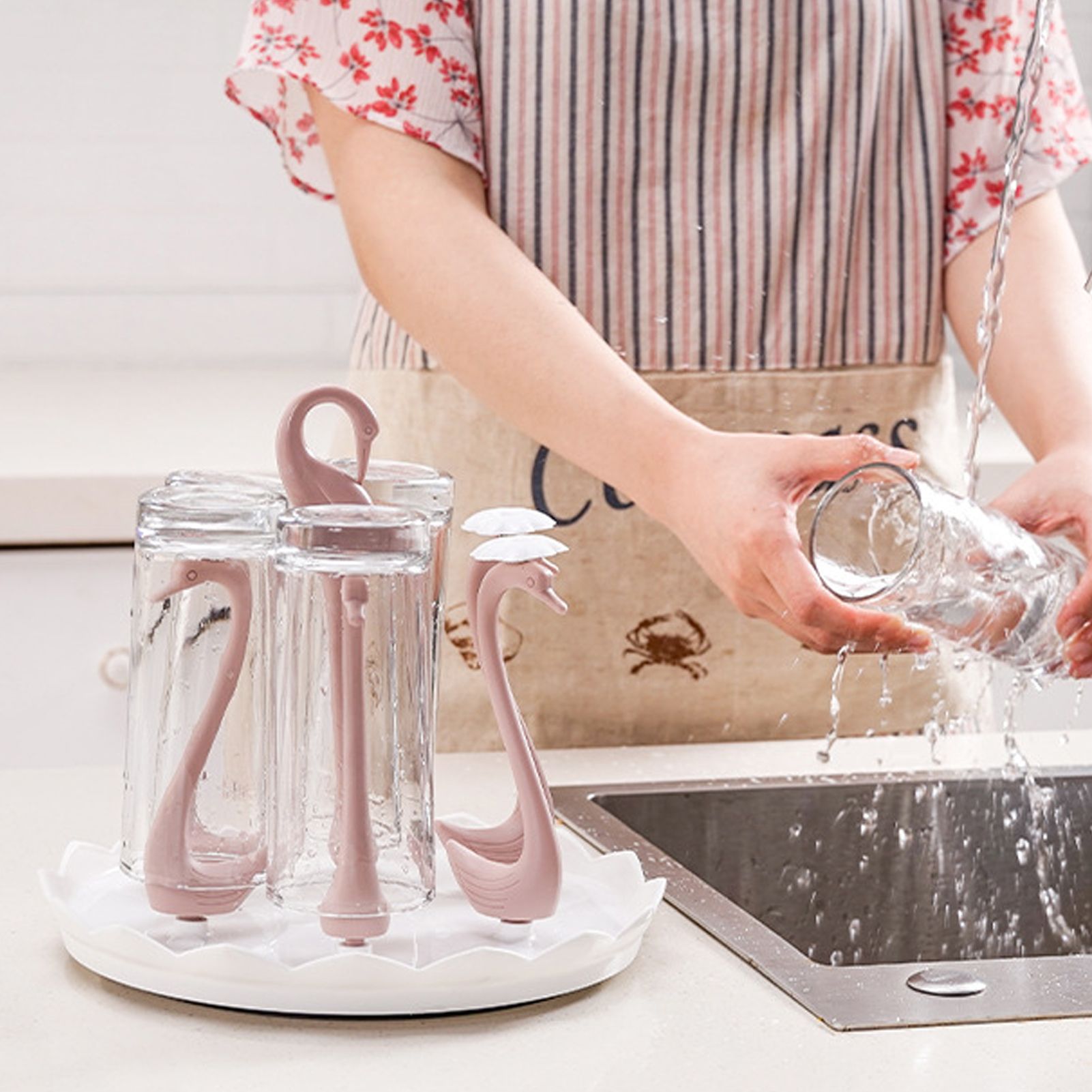 Swan Cup Holder with Rotating Drip Tray Plastic Rotatable Drinking Cup Drainer Stand Rack for Home Kitchen Pink 6 Heads - Image 6