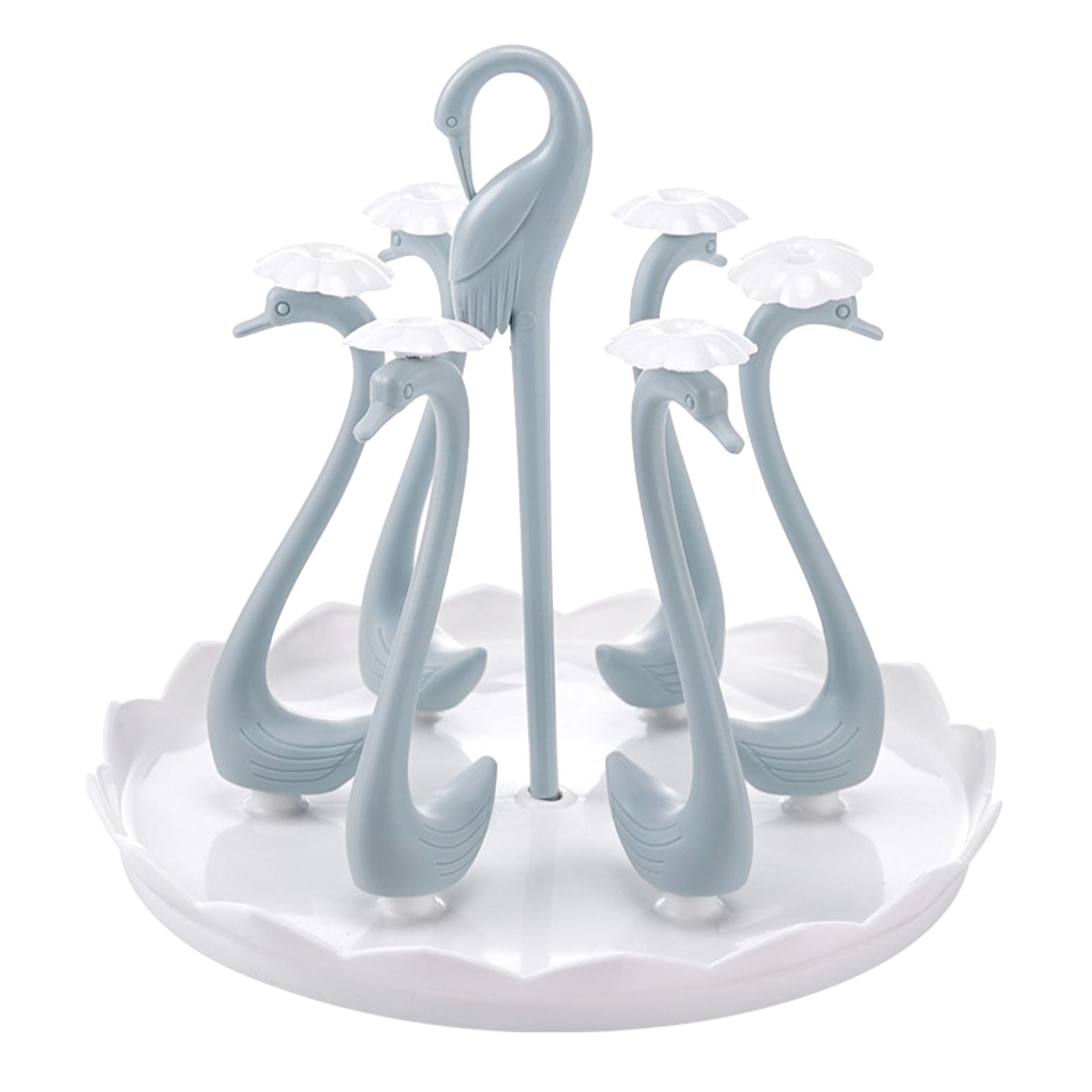 Swan Cup Holder with Rotating Drip Tray Plastic Rotatable Drinking Cup Drainer Stand Rack for Home Kitchen Blue 6 Heads - Image 1