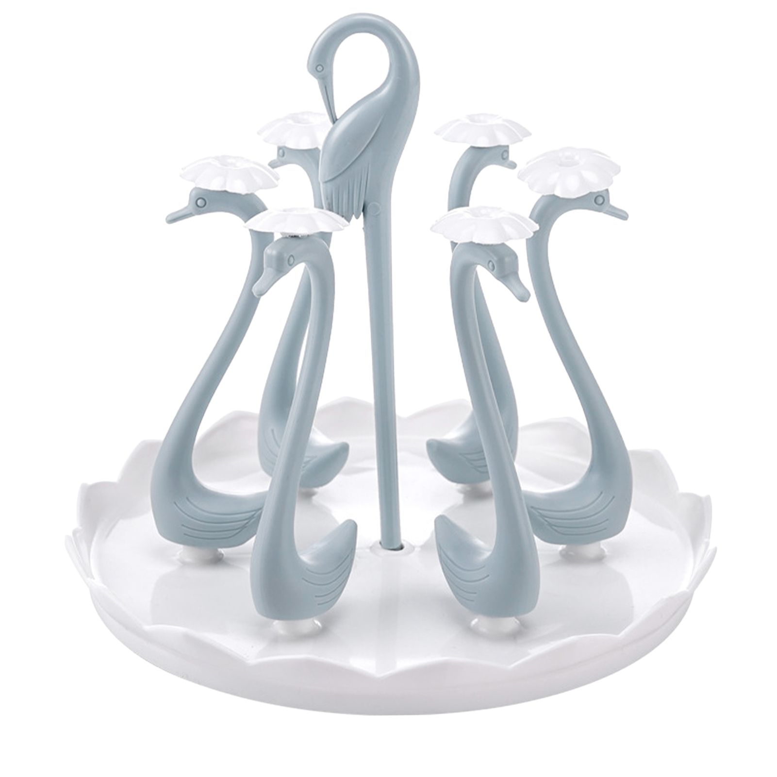Swan Cup Holder with Rotating Drip Tray Plastic Rotatable Drinking Cup Drainer Stand Rack for Home Kitchen Blue 6 Heads - Image 2