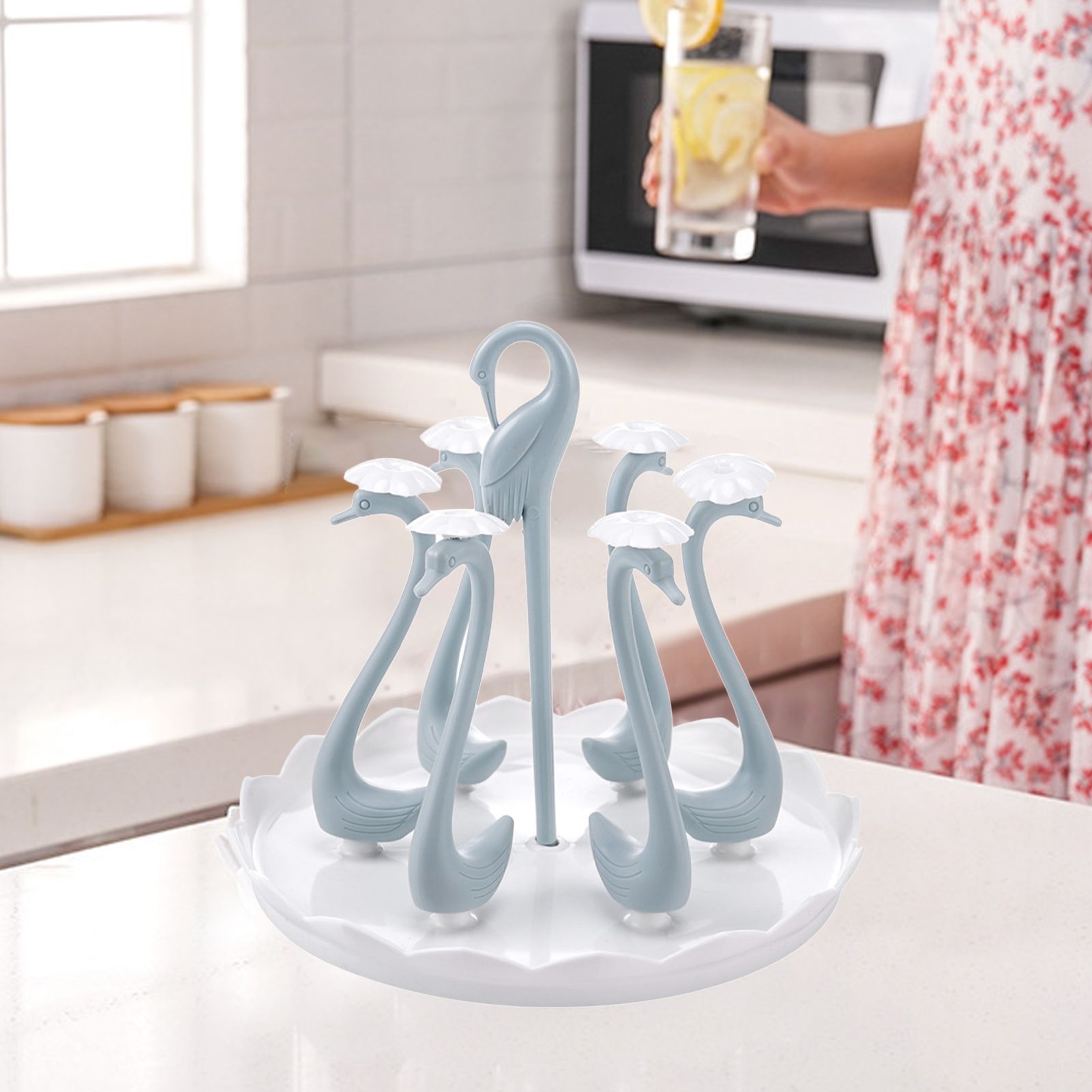 Swan Cup Holder with Rotating Drip Tray Plastic Rotatable Drinking Cup Drainer Stand Rack for Home Kitchen Blue 6 Heads - Image 6
