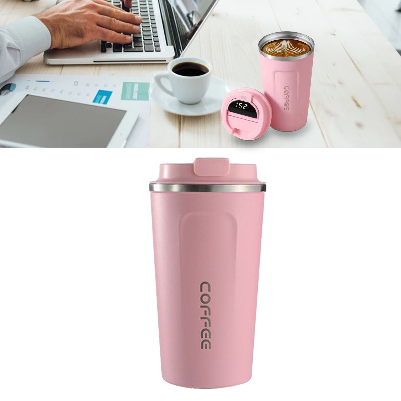 Smart Temperature Display Coffee Cup Portable 304 Stainless Steel Insulation Cup Simple Style Pure Color Generation 2nd Pink 510ml - Image 5