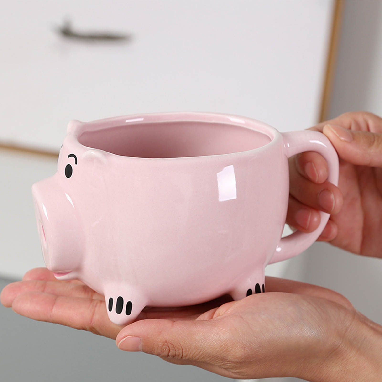 Ceramic Coffee Mug Wide Mouth Piggy Cute Water Cup with Handle for Home Cafe Office Pink - Image 6