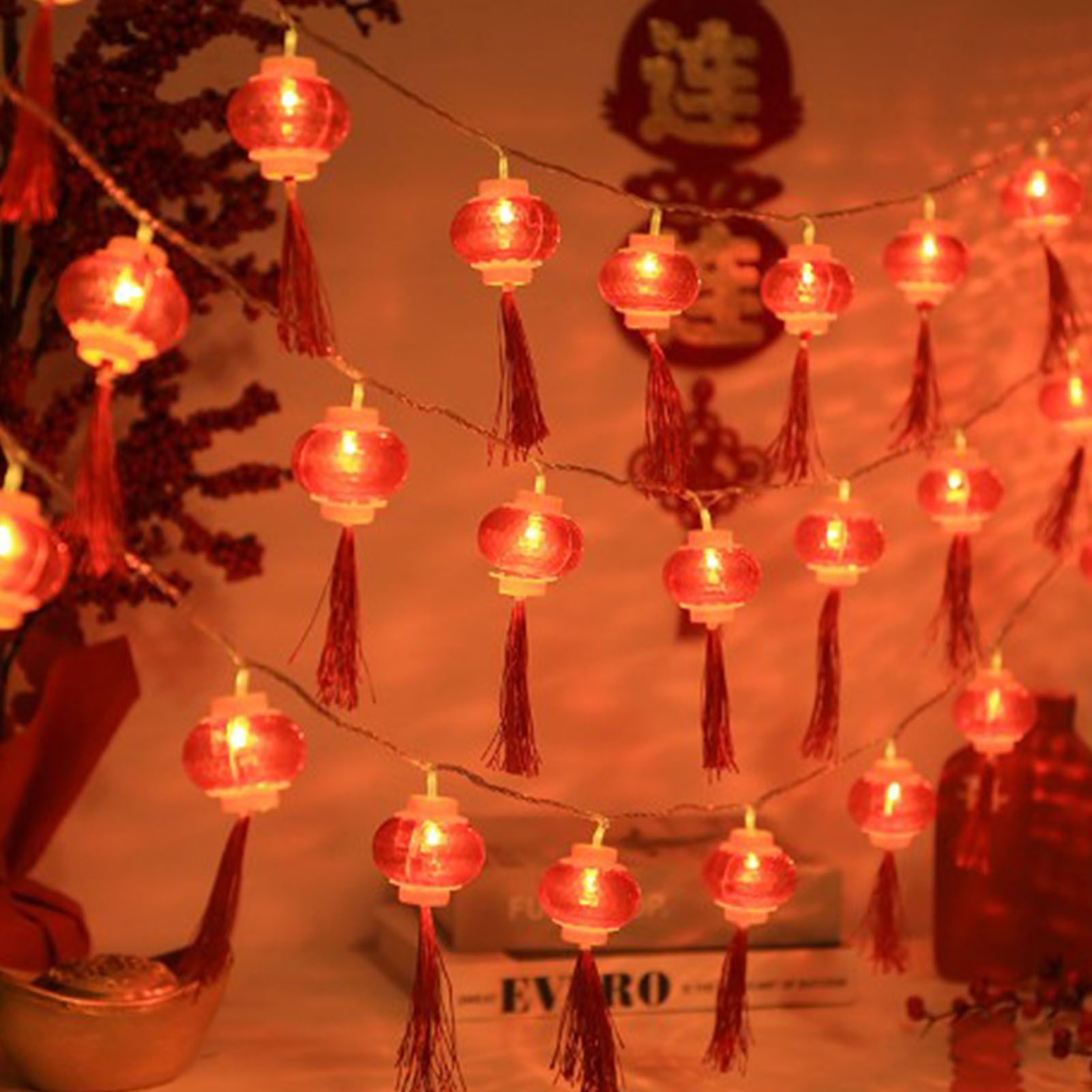 Red Chinese Lantern String Lights LED Light Beads Waterproof New Year Lantern with PVC Shell for Courtyards With Tassel 6meter/19.7ft 40 Light - Image 2