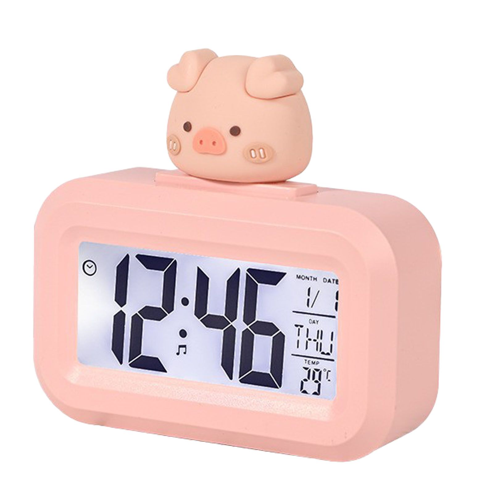 Electronic Clock Cute Cartoon LED Screen Desktop Electronic Alarm Data Time Calendar Temperature Clock Pink Piggy - Image 1