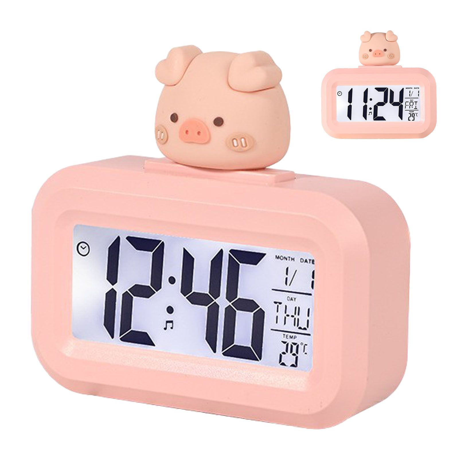 Electronic Clock Cute Cartoon LED Screen Desktop Electronic Alarm Data Time Calendar Temperature Clock Pink Piggy - Image 2