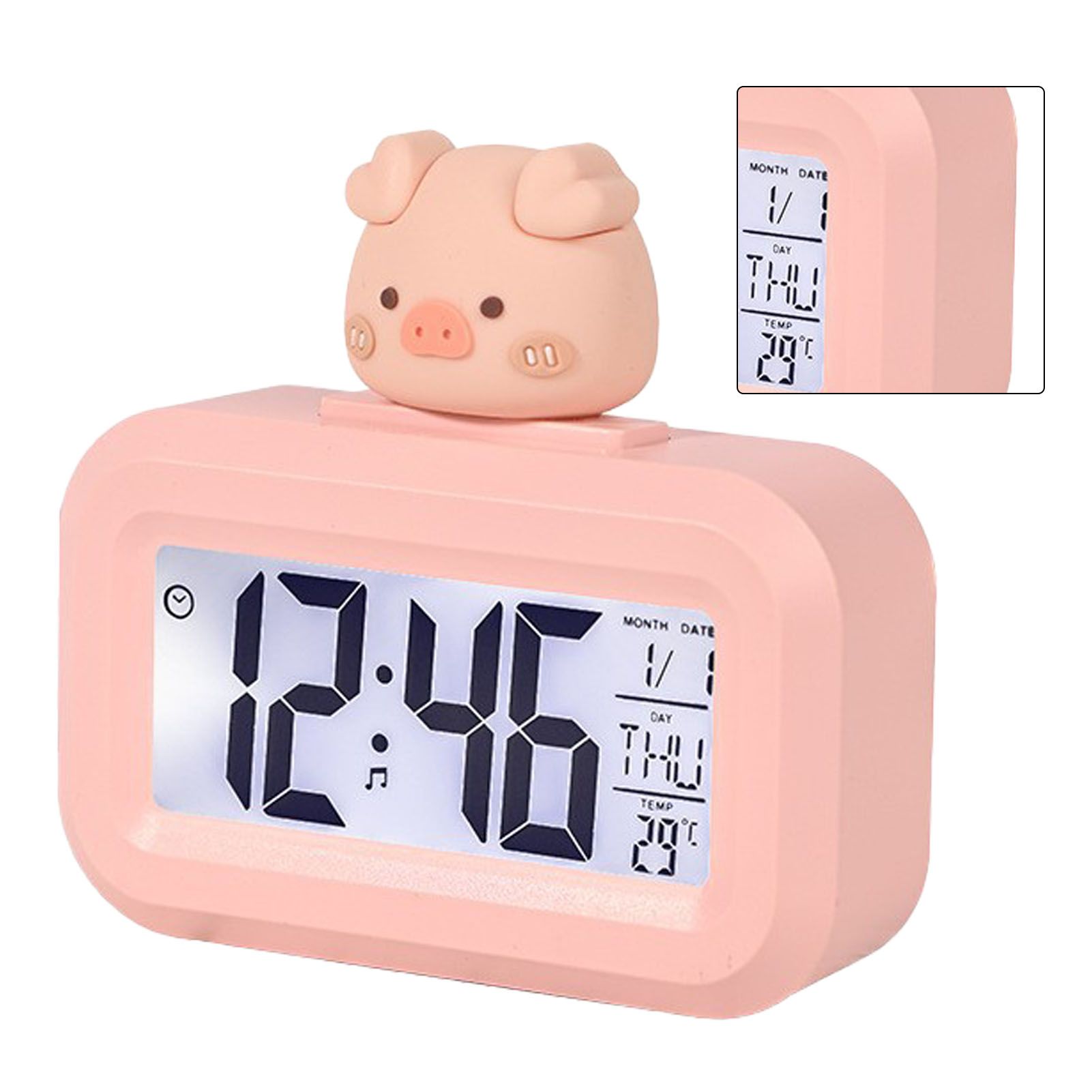Electronic Clock Cute Cartoon LED Screen Desktop Electronic Alarm Data Time Calendar Temperature Clock Pink Piggy - Image 4