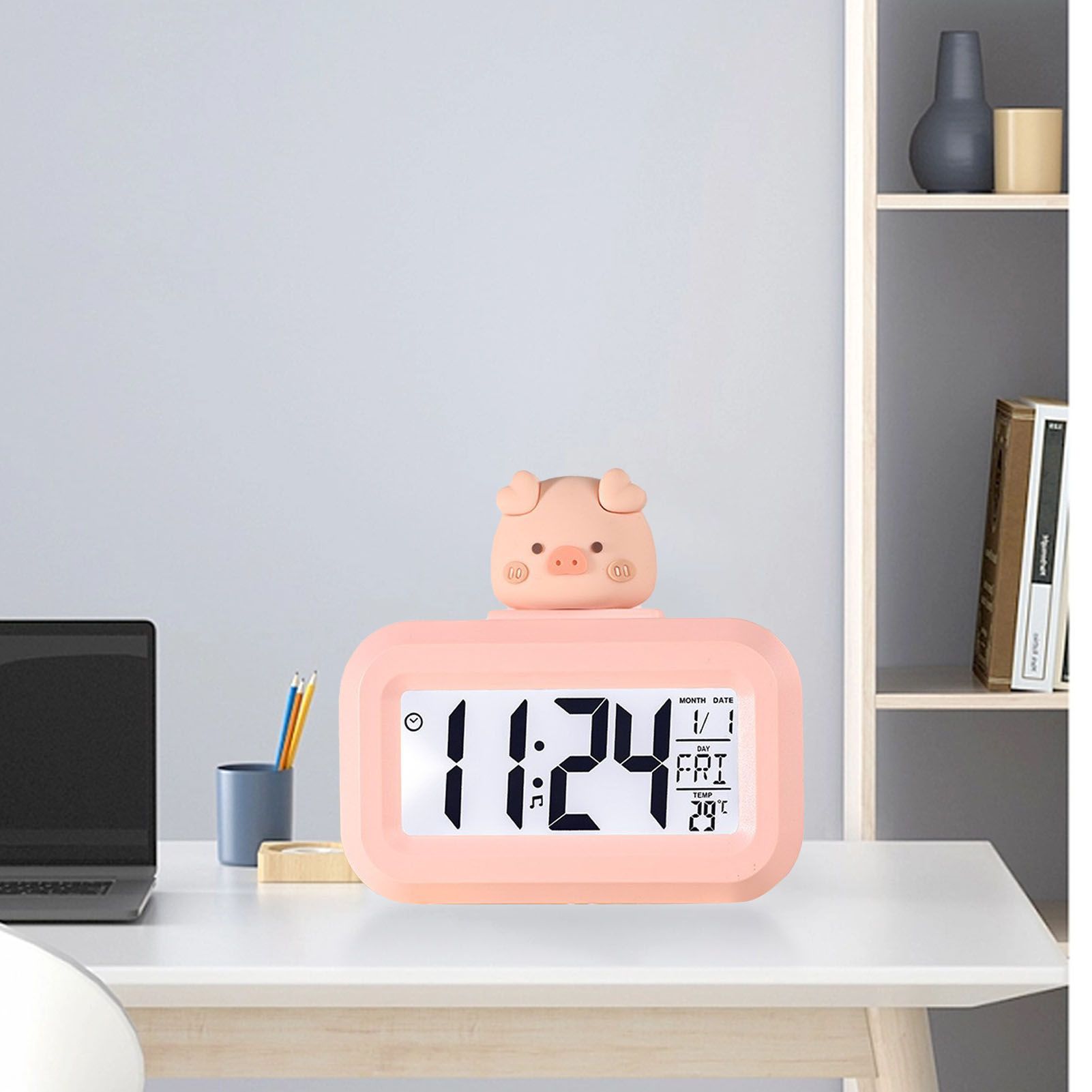 Electronic Clock Cute Cartoon LED Screen Desktop Electronic Alarm Data Time Calendar Temperature Clock Pink Piggy - Image 5
