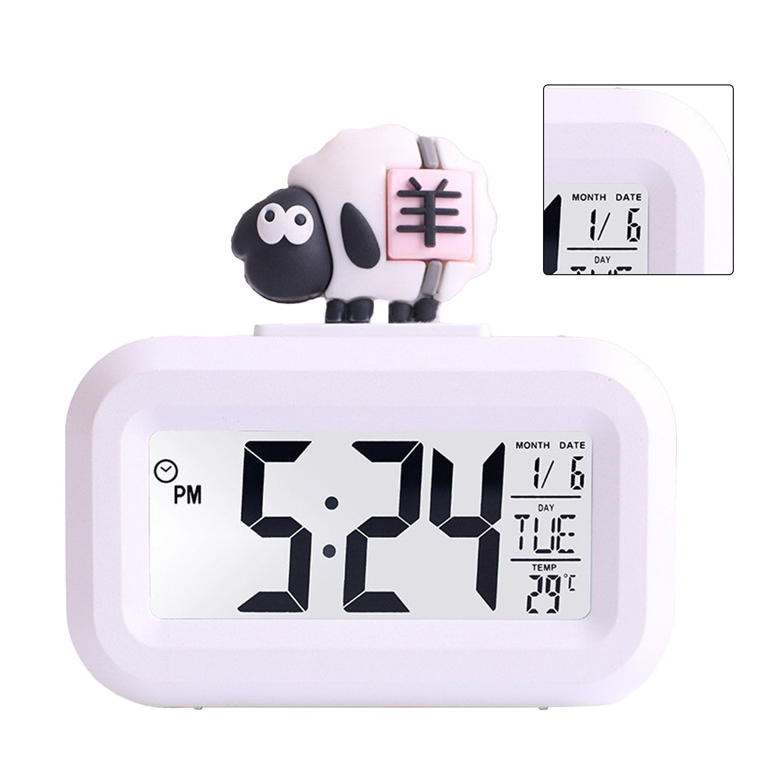 Electronic Clock Cute Cartoon LED Screen Desktop Electronic Alarm Data Time Calendar Temperature Clock White Sheep - Image 2