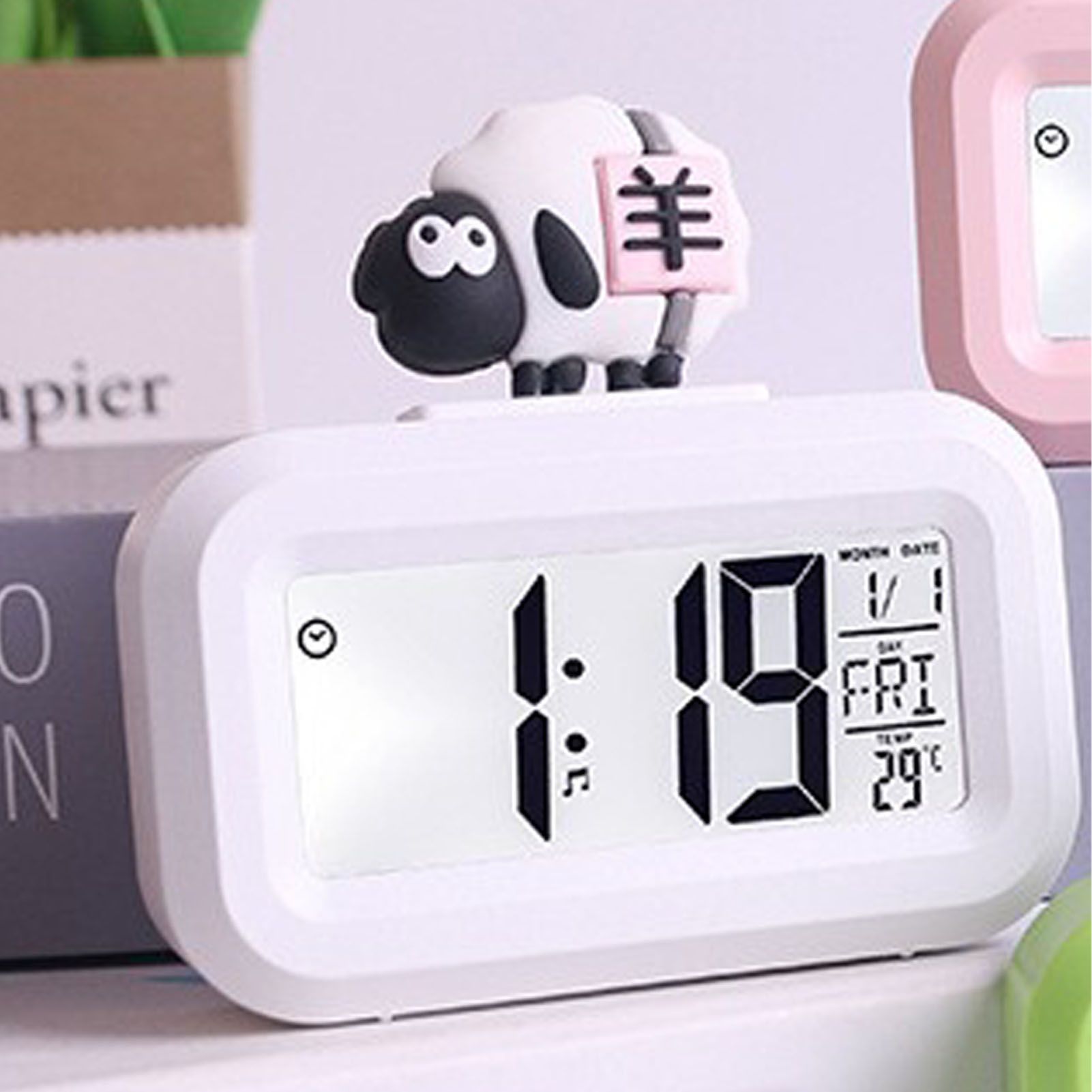 Electronic Clock Cute Cartoon LED Screen Desktop Electronic Alarm Data Time Calendar Temperature Clock White Sheep - Image 5