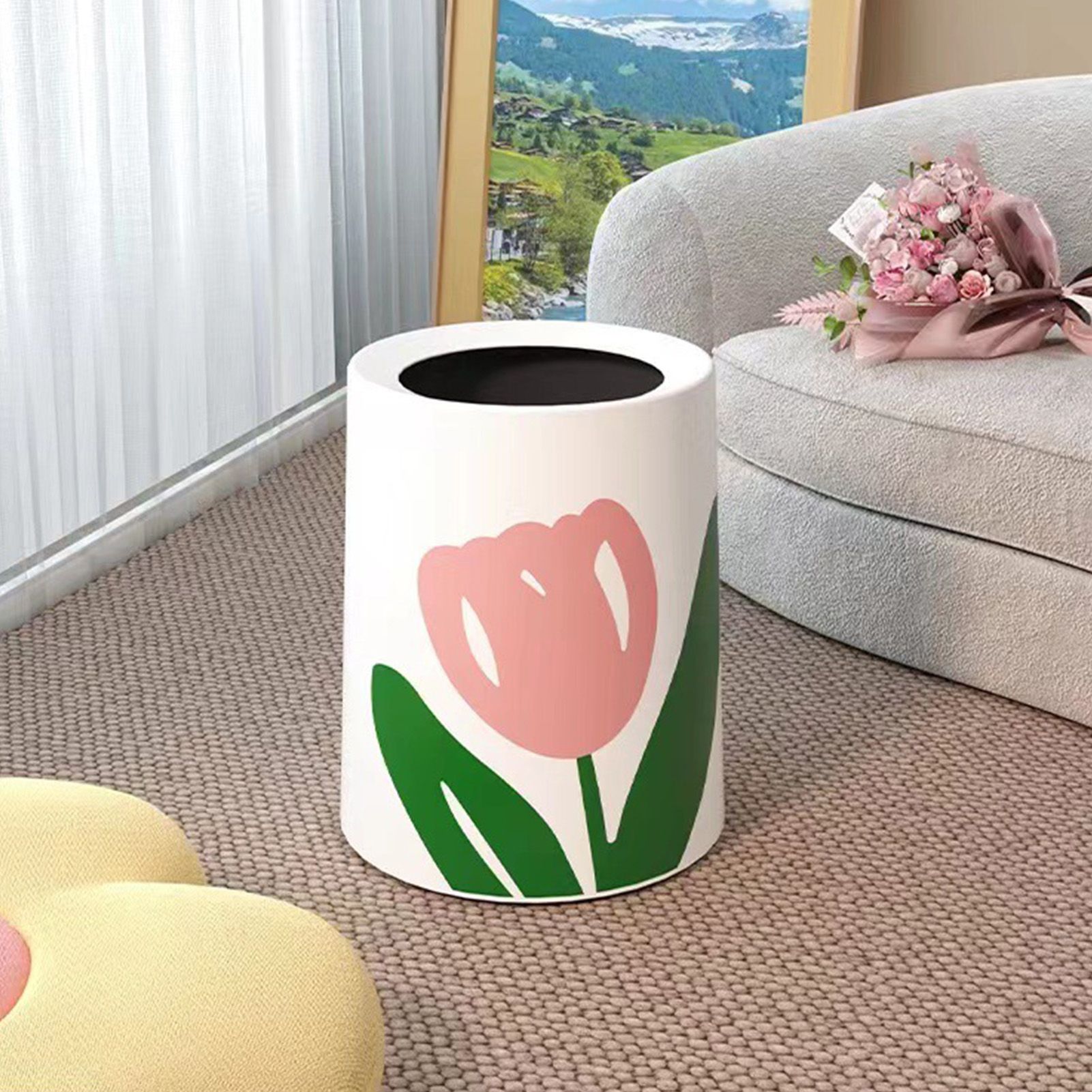 Floral Trash Can Large Mouth Cute Appearance Modern Style Garbage Waste Basket for Kitchen Bathroom Bedroom Round Small Size - Image 6