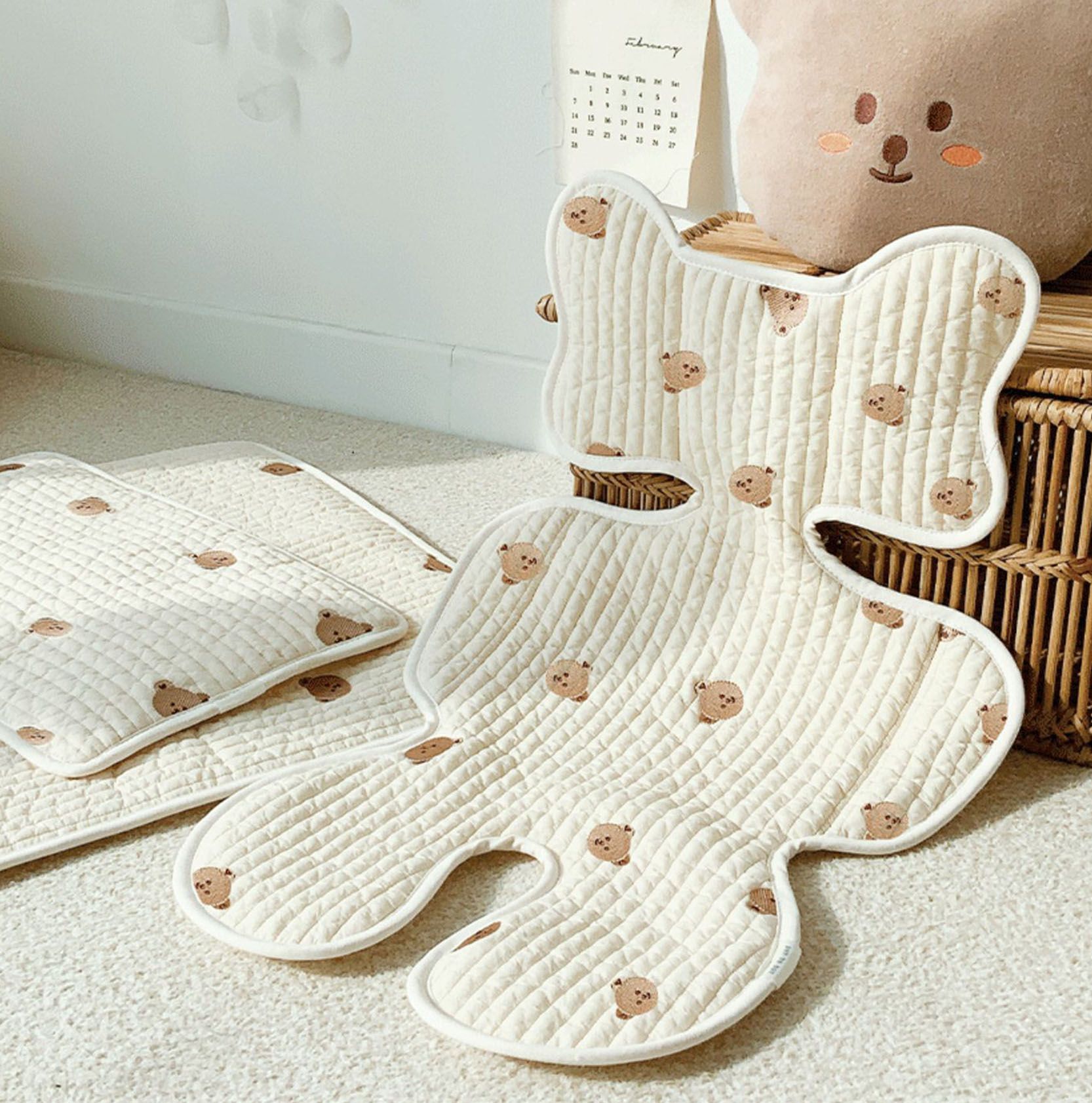 Soft Baby Stroller Seat Cushion Breathable Pure Cotton Infant Car Seat Head Neck Body Support Thin Style Bear - Image 5