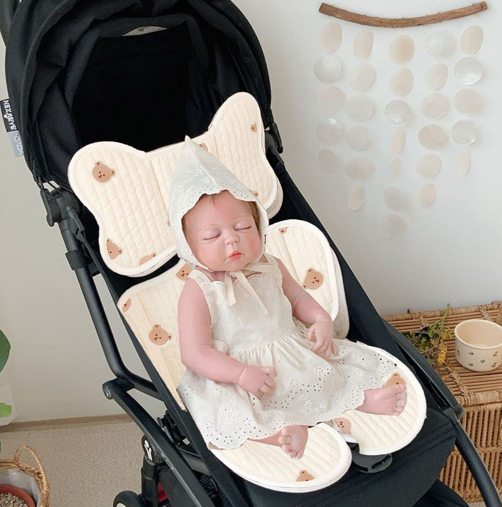 Soft Baby Stroller Seat Cushion Breathable Pure Cotton Infant Car Seat Head Neck Body Support Thin Style Bear - Image 7