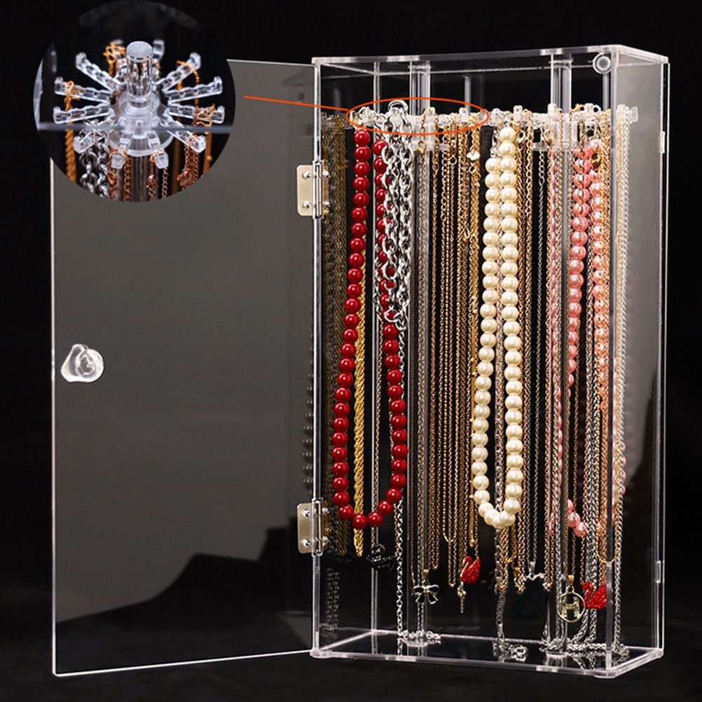 Acrylic Necklace Holder with 24 Hooks Clear Necklace Organizer Dustproof Rotation Jewelry Storage Stand Display Case - Image 4