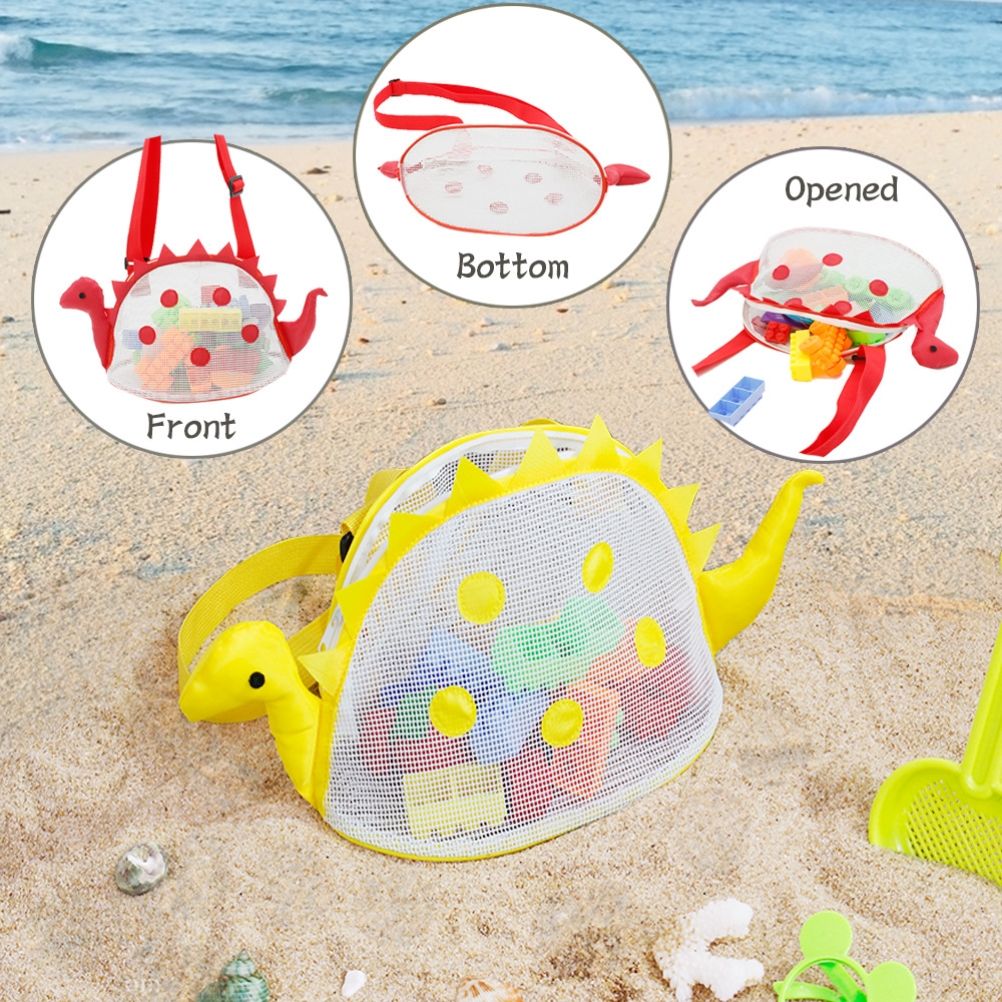 Dinosaur Mesh Beach Bag for Kids Shell Collecting Totes Portable Beach Holding Bag for Boys and Girls - Image 3