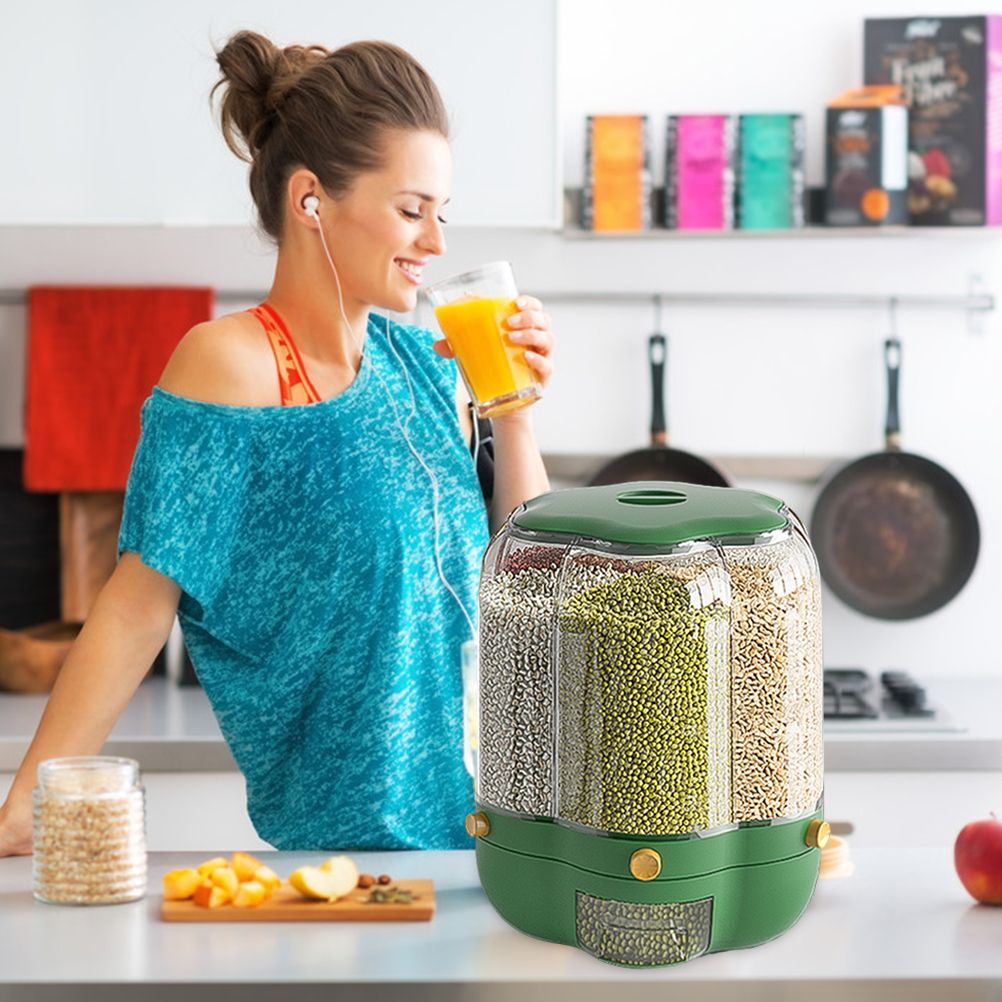 Food Grain Storage Container Large Capacity 9L 6 Grid Rotatable Rice Dispenser Sealed Grain Food Storage Box Kitchen Storage Bucket for Home Kitchen - Image 4