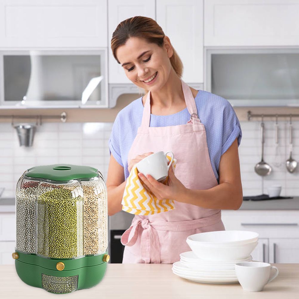 Food Grain Storage Container Large Capacity 9L 6 Grid Rotatable Rice Dispenser Sealed Grain Food Storage Box Kitchen Storage Bucket for Home Kitchen - Image 5