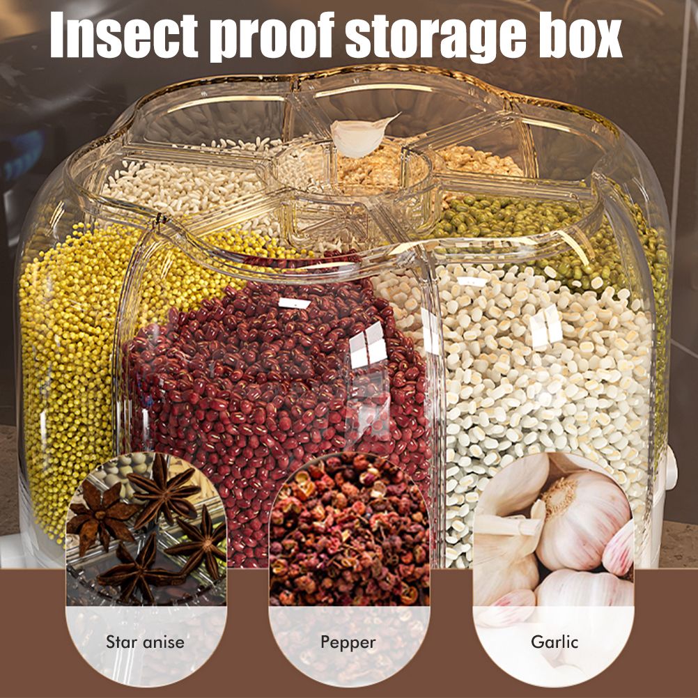 Food Grain Storage Container Large Capacity 9L 6 Grid Rotatable Rice Dispenser Sealed Grain Food Storage Box Kitchen Storage Bucket for Home Kitchen - Image 7