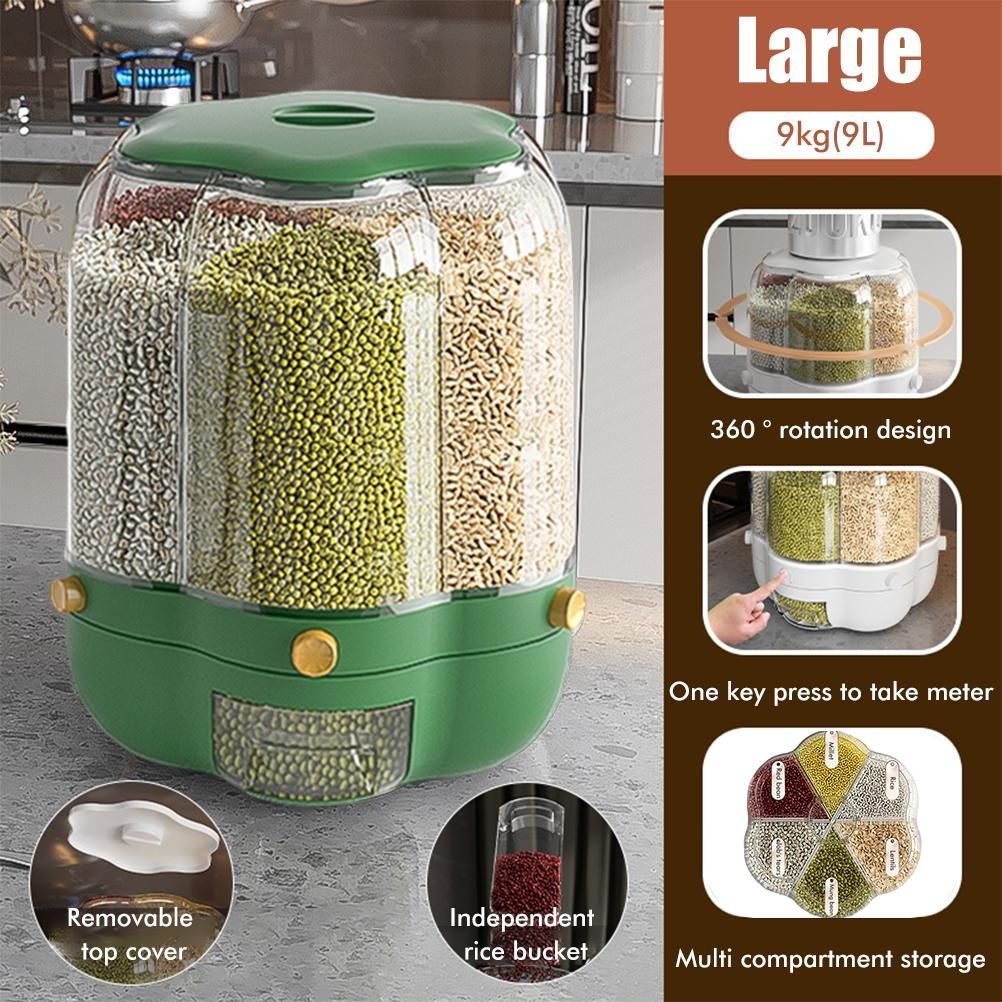 Food Grain Storage Container Large Capacity 9L 6 Grid Rotatable Rice Dispenser Sealed Grain Food Storage Box Kitchen Storage Bucket for Home Kitchen - Image 8