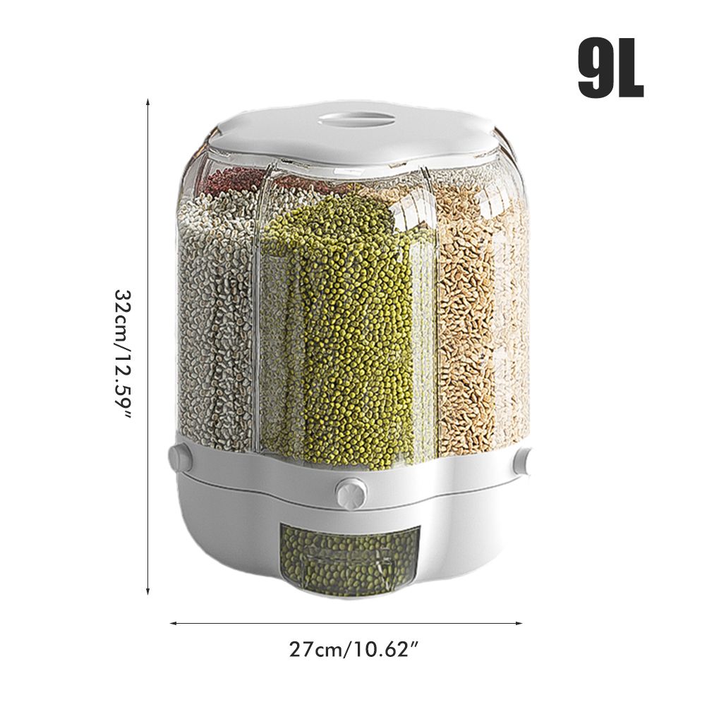 Food Grain Storage Container Large Capacity 9L 6 Grid Rotatable Rice Dispenser Sealed Grain Food Storage Box Kitchen Storage Bucket for Home Kitchen - Image 2