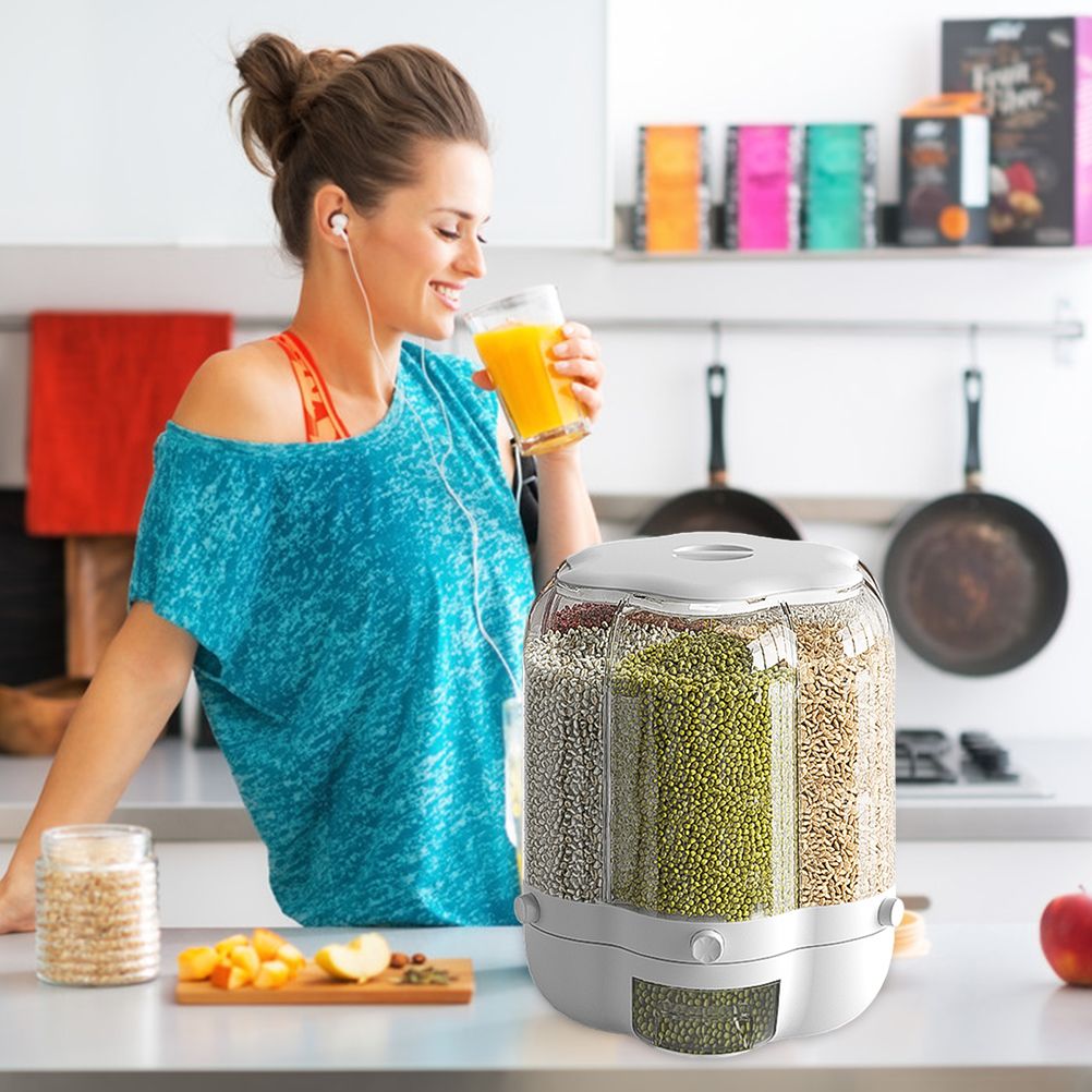Food Grain Storage Container Large Capacity 9L 6 Grid Rotatable Rice Dispenser Sealed Grain Food Storage Box Kitchen Storage Bucket for Home Kitchen - Image 4