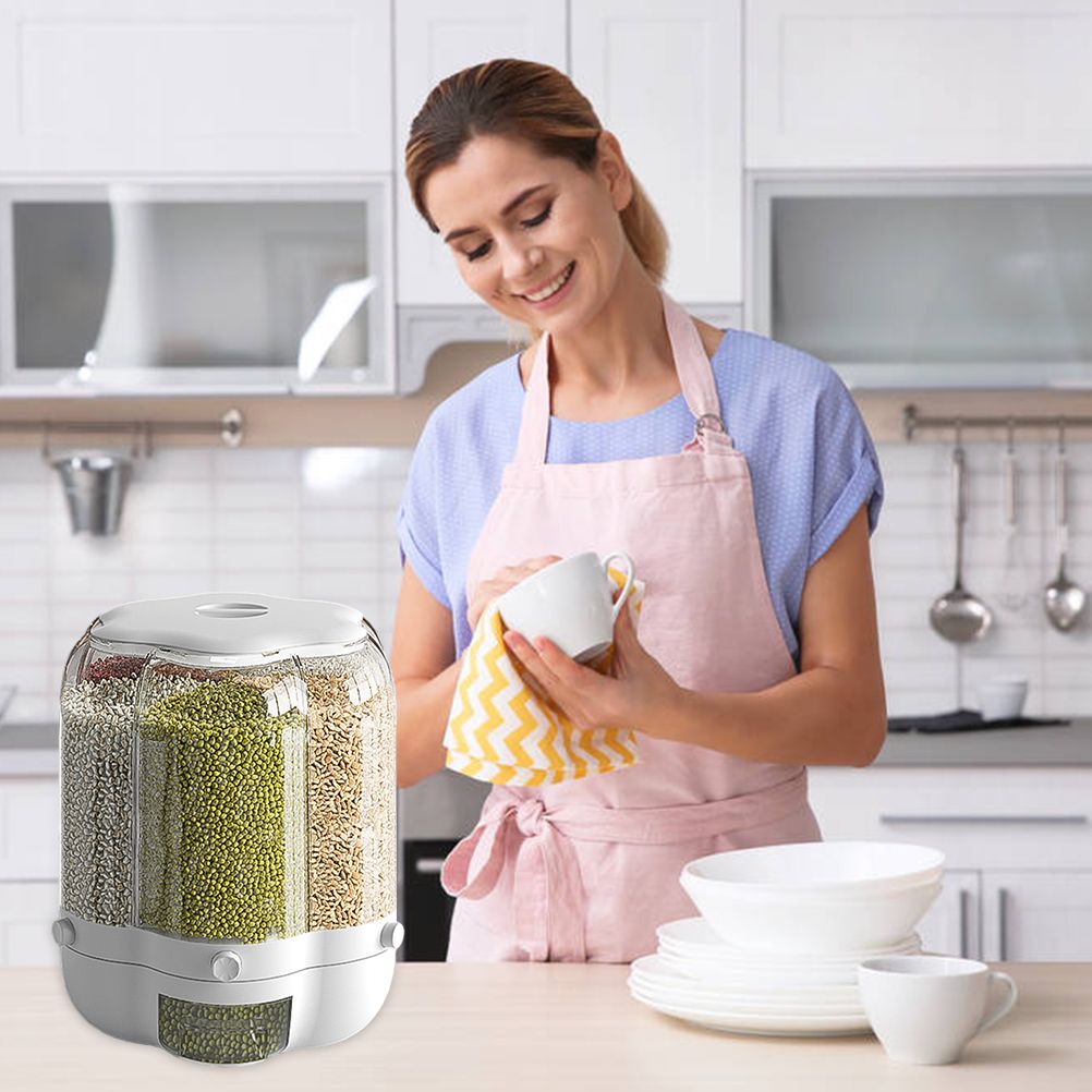Food Grain Storage Container Large Capacity 9L 6 Grid Rotatable Rice Dispenser Sealed Grain Food Storage Box Kitchen Storage Bucket for Home Kitchen - Image 5
