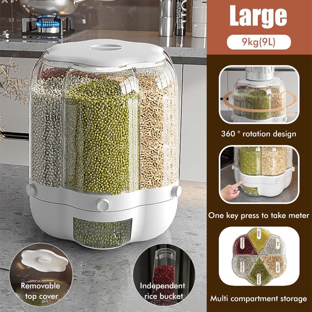 Food Grain Storage Container Large Capacity 9L 6 Grid Rotatable Rice Dispenser Sealed Grain Food Storage Box Kitchen Storage Bucket for Home Kitchen - Image 8