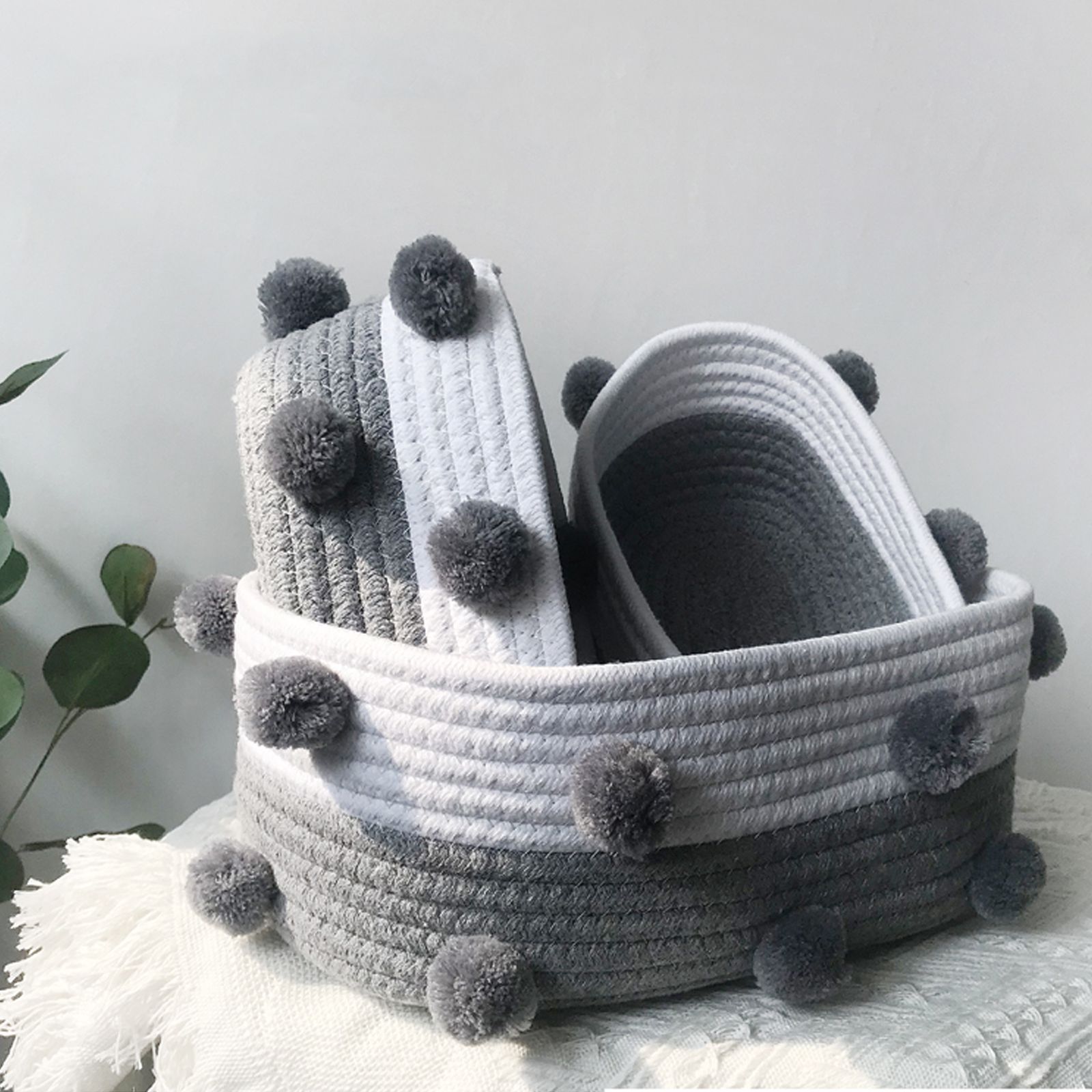 Cotton Rope Knitting With Fur Ball Storage Basket Snacks Keys Sundries Basket - Image 4