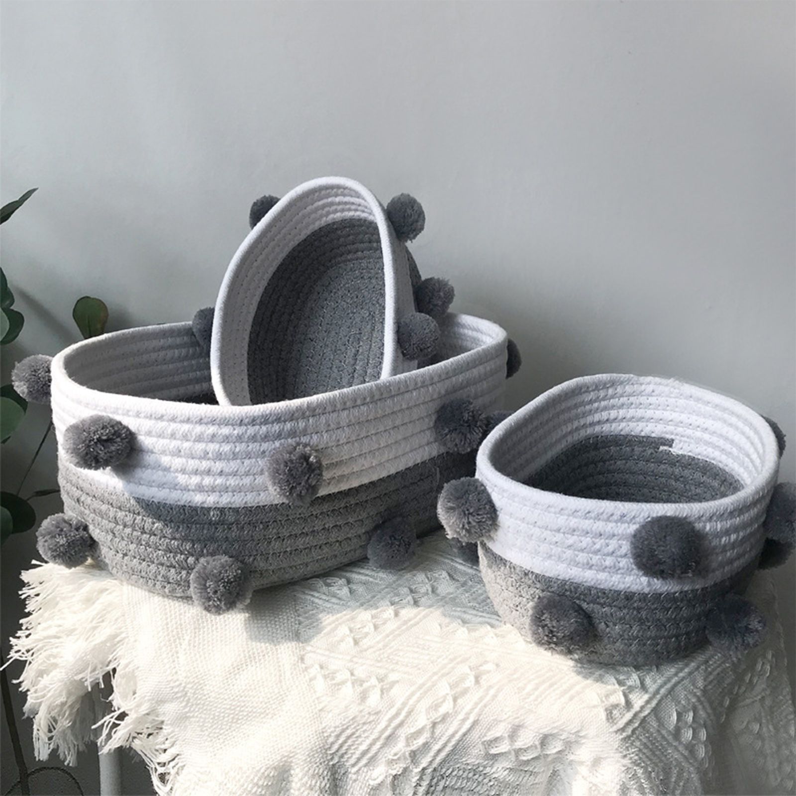 Cotton Rope Knitting With Fur Ball Storage Basket Snacks Keys Sundries Basket - Image 6