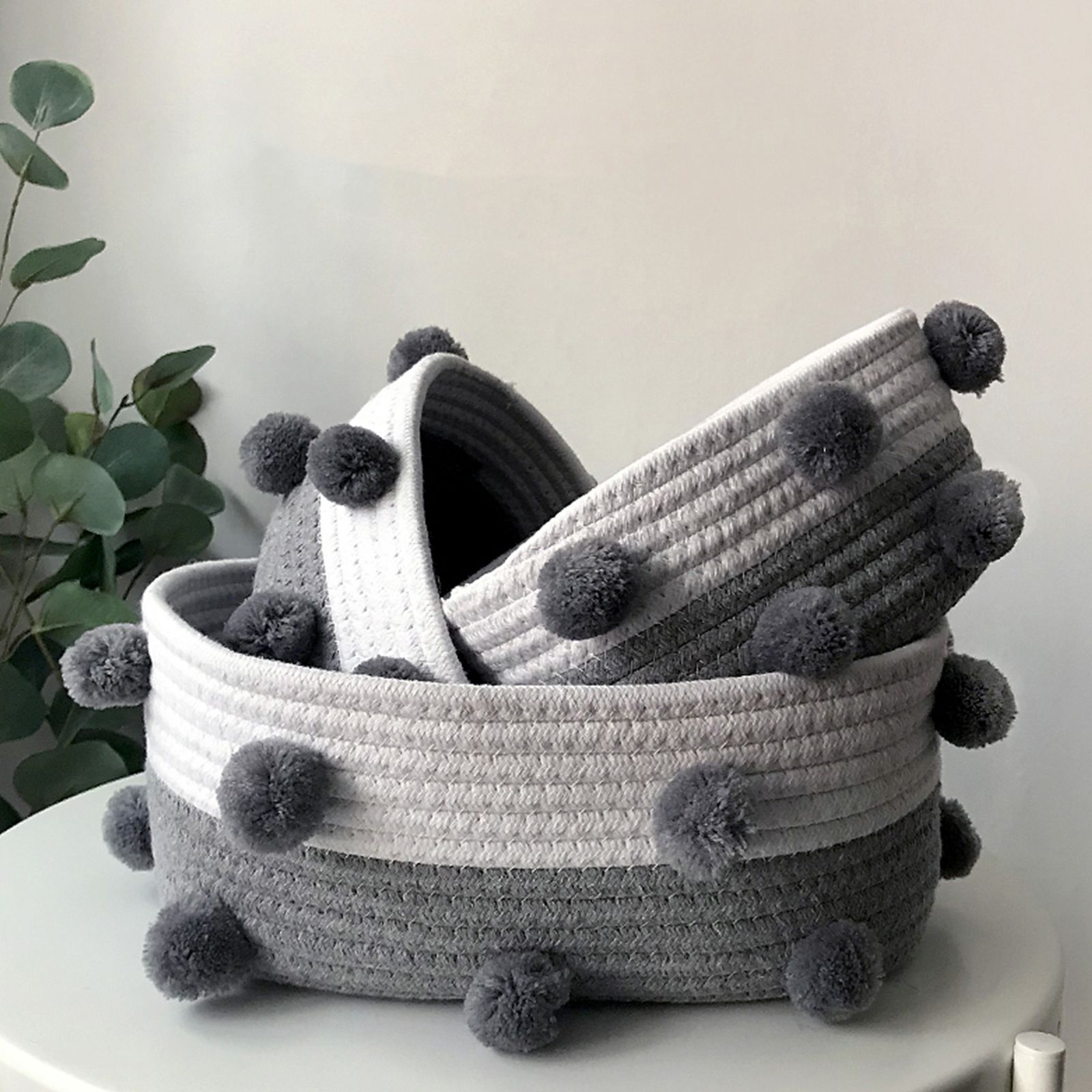 Cotton Rope Knitting With Fur Ball Storage Basket Snacks Keys Sundries Basket - Image 7
