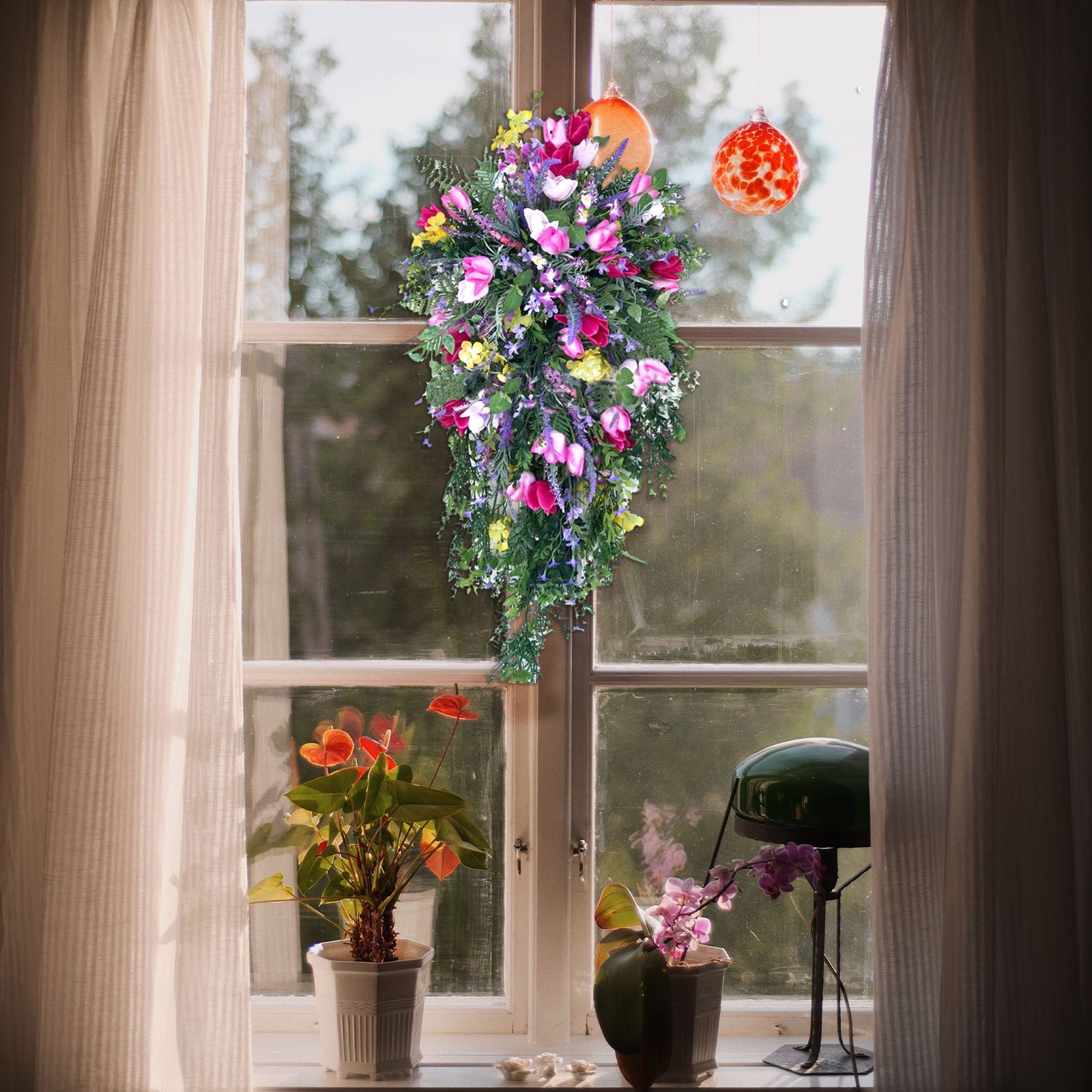 Artificial Flower Wreath Wreath with Lilacs Hyacinths Hydrangeas Spring Summer Floral Greenery Wreath E Small - Image 8
